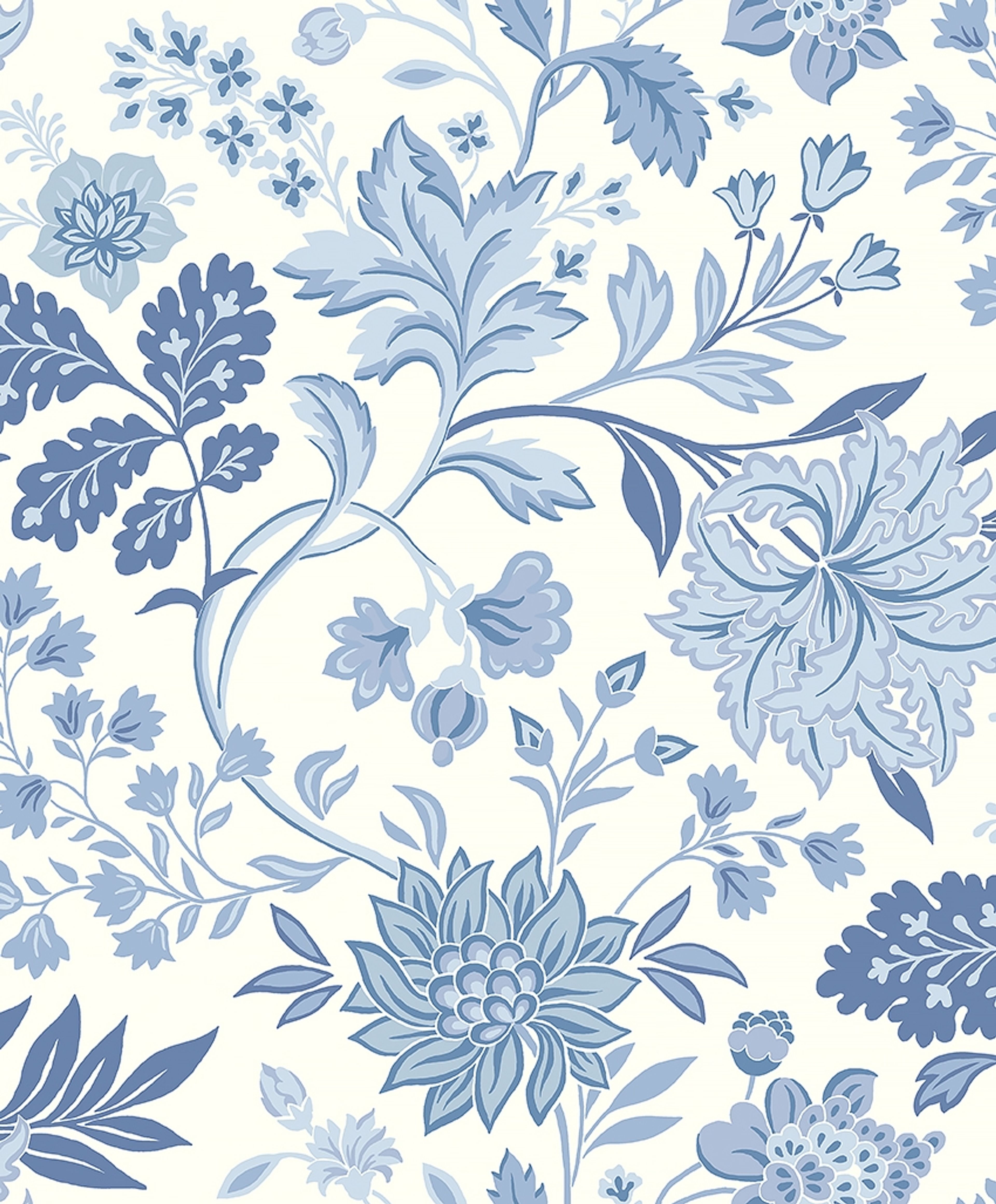 Alicia, tapet tapet med blommigt, naturochlandskap mönster i vit och blå. Från kollektionen Blue & White. Nonwoven-material med förskjuten passning. Passar i vardagsrum.