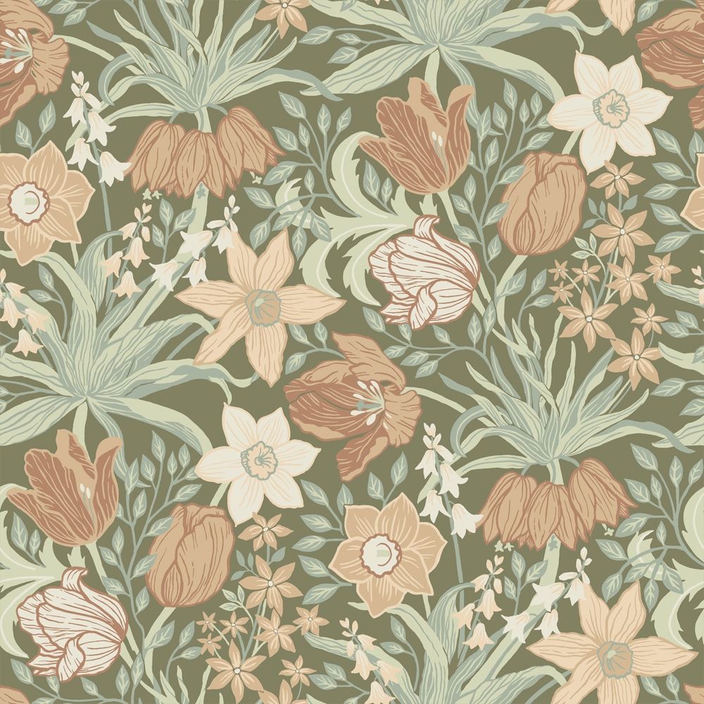 Cecilia tapet med blommigt mönster i grön. Från kollektionen Fågelsång. Nonwoven-material med rak passning. Country, city-stil.