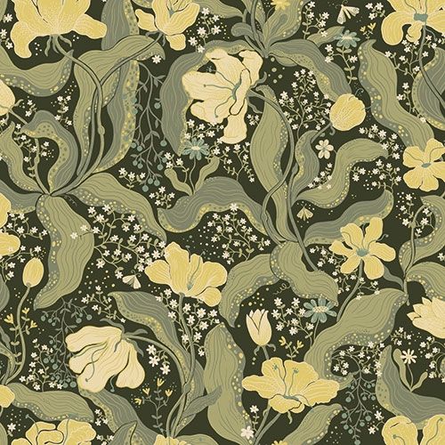 Bodri blommor och blad i gult och grönt tapet med blommigt mönster i gul och grön. Från kollektionen Lina 2. Nonwoven-material med förskjuten passning.