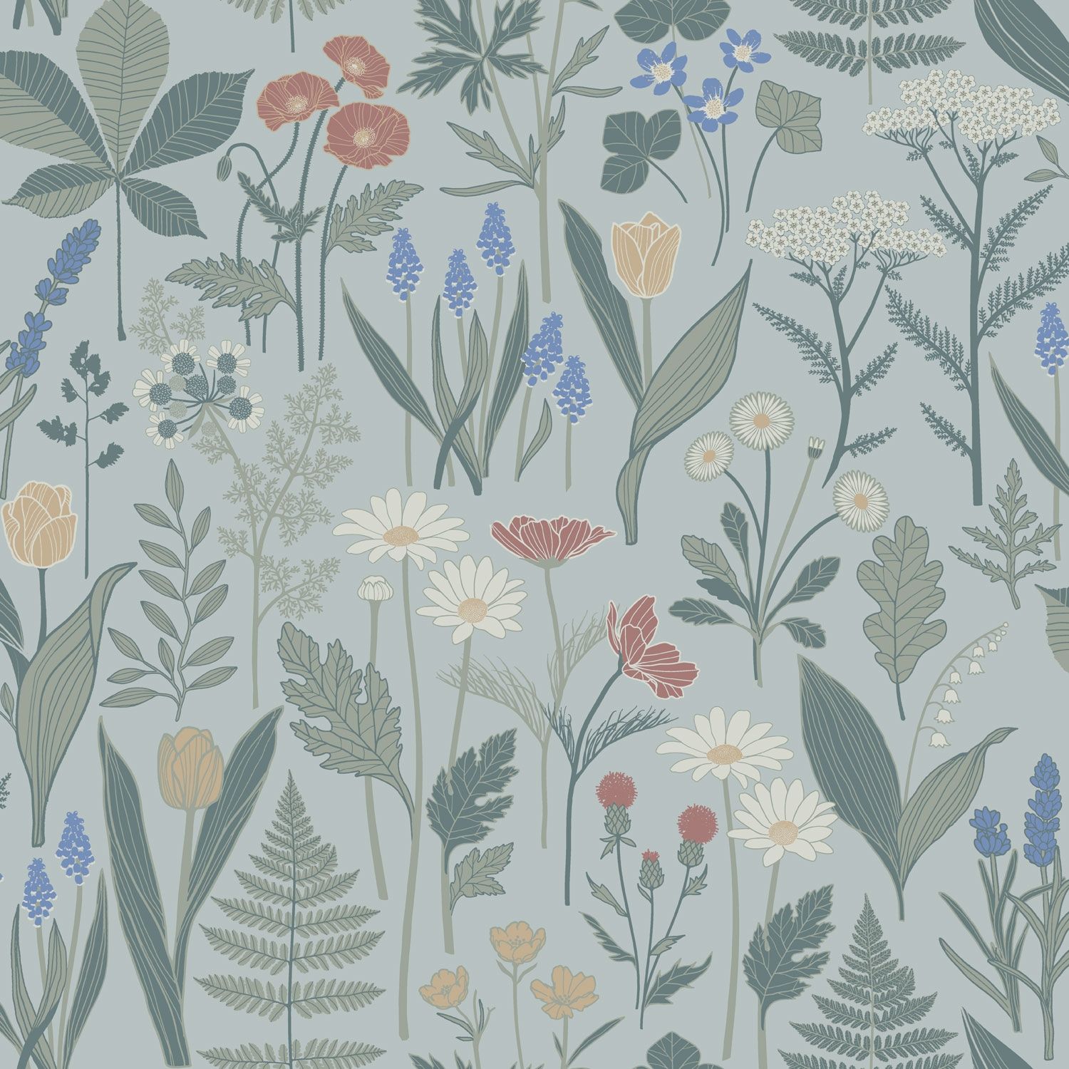 Elsa, ljusblå tapet tapet med blommigt mönster i blå. Från kollektionen Örtagård. Nonwoven-material med förskjuten passning. Country-stil.