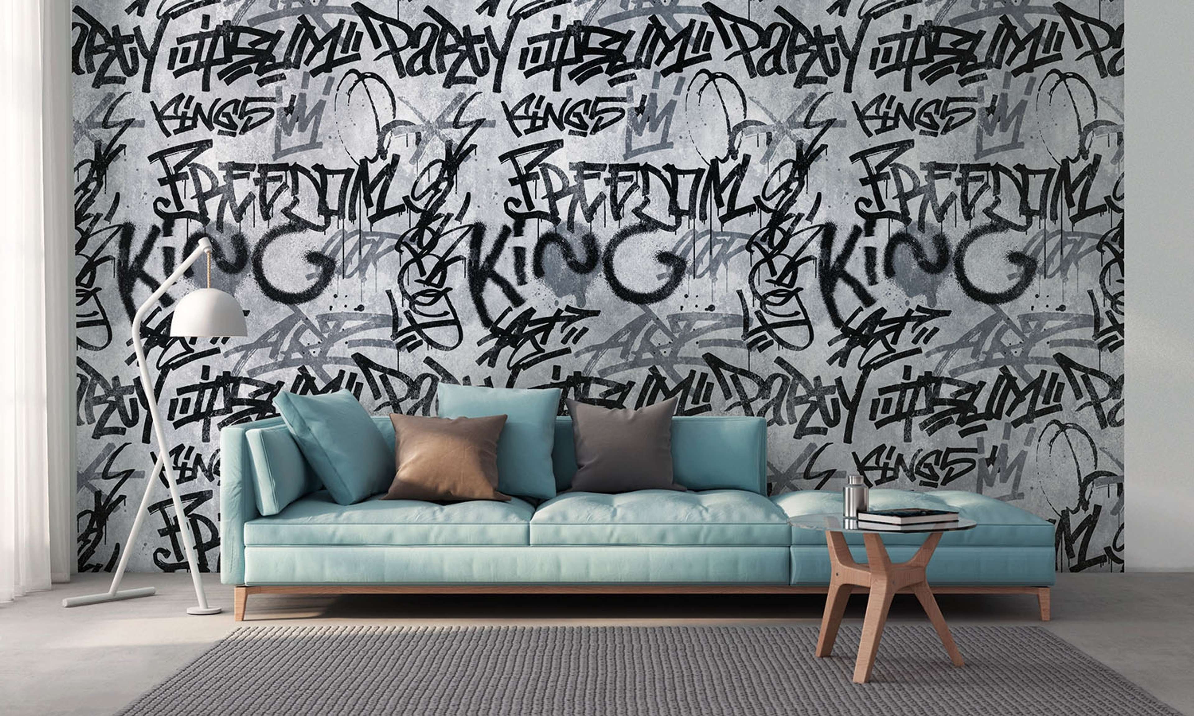 Eyecatcher tapet med illustration, grafiskt mönster i svart och grå. Från kollektionen The Wall. Nonwoven-material. Passar i vardagsrum och matsal.