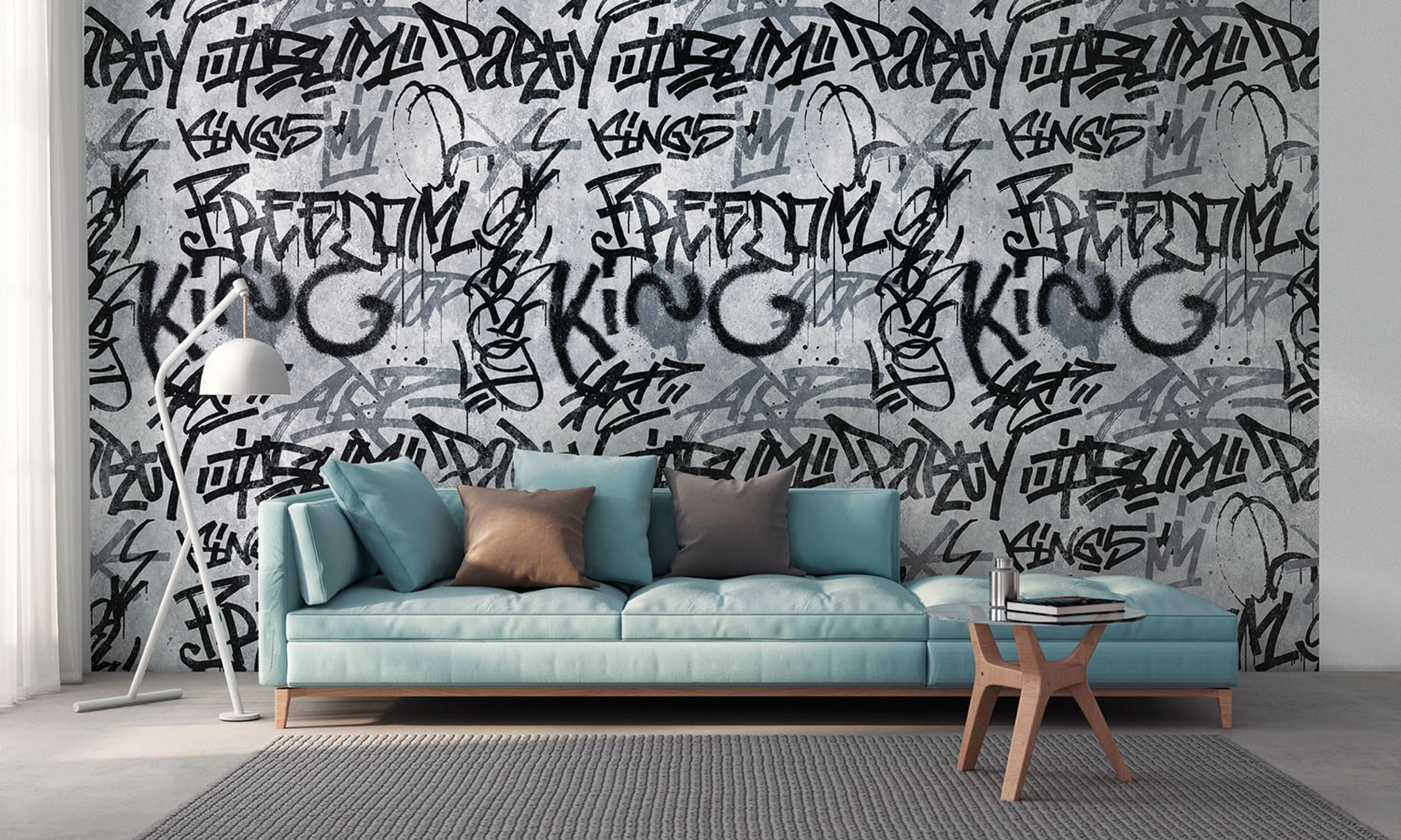 Eyecatcher tapet med illustration, grafiskt mönster i svart och grå. Från kollektionen The Wall. Nonwoven-material. Passar i vardagsrum och matsal.