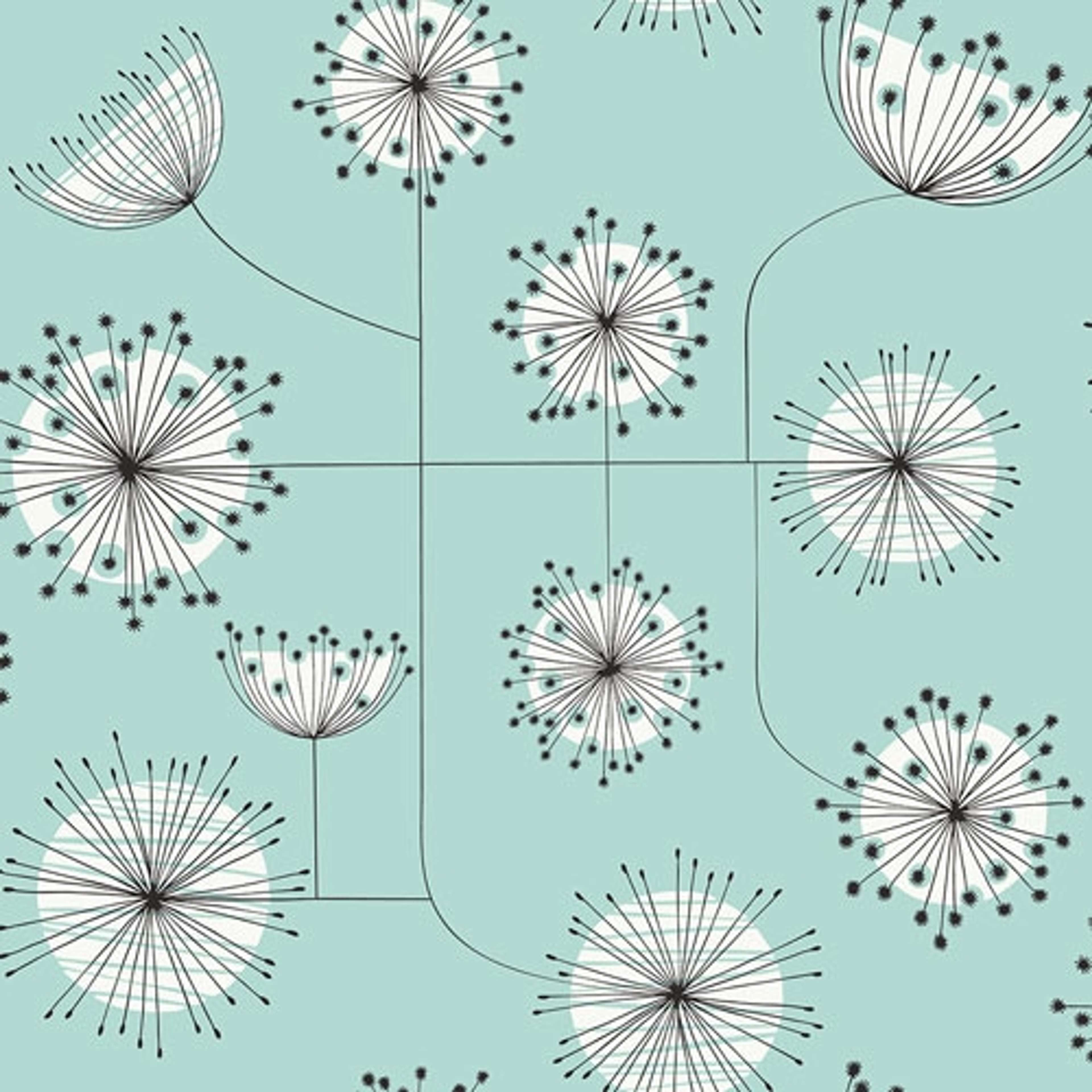 Dandelion Mobile Robins Egg tapet från Midbec med blommigt, retro mönster i turkos. Från kollektionen Kinfolk. Nonwoven-material med förskjuten passning.