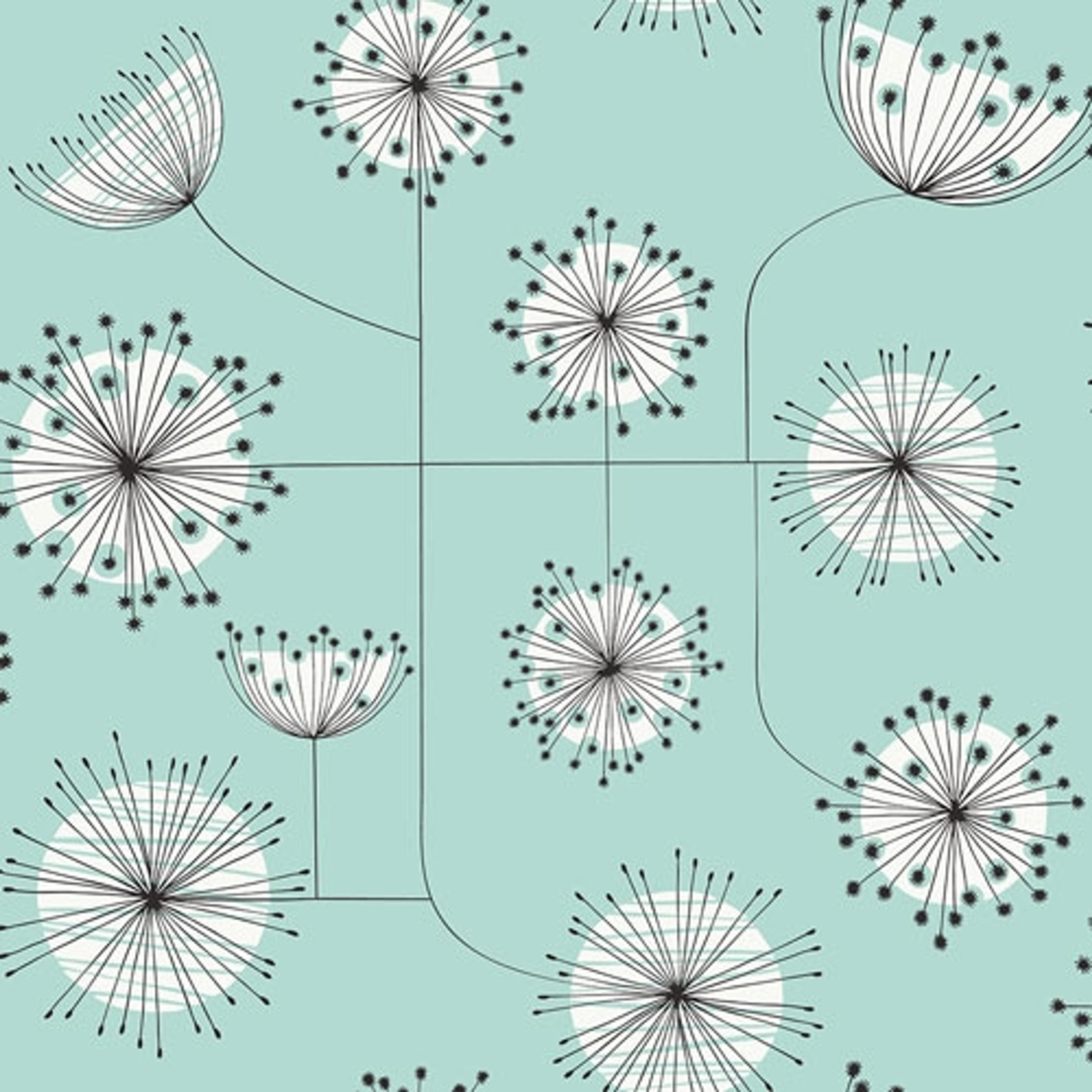 Dandelion Mobile Robins Egg tapet från Midbec med blommigt, retro mönster i turkos. Från kollektionen Kinfolk. Nonwoven-material med förskjuten passning.