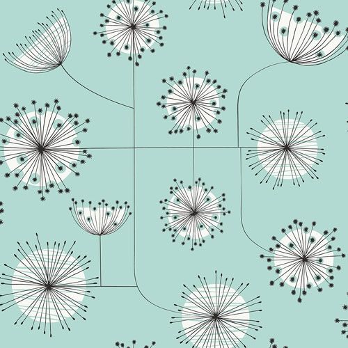 Dandelion Mobile Robins Egg tapet från Midbec med blommigt, retro mönster i turkos. Från kollektionen Kinfolk. Nonwoven-material med förskjuten passning.