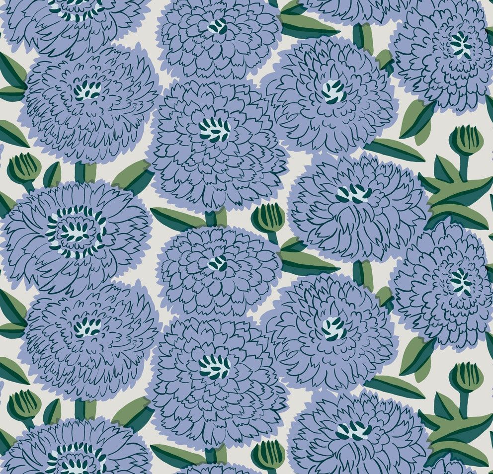 Primavera tapet med blommigt mönster i blå. Från kollektionen Marimekko 6. Nonwoven-material med förskjuten passning.