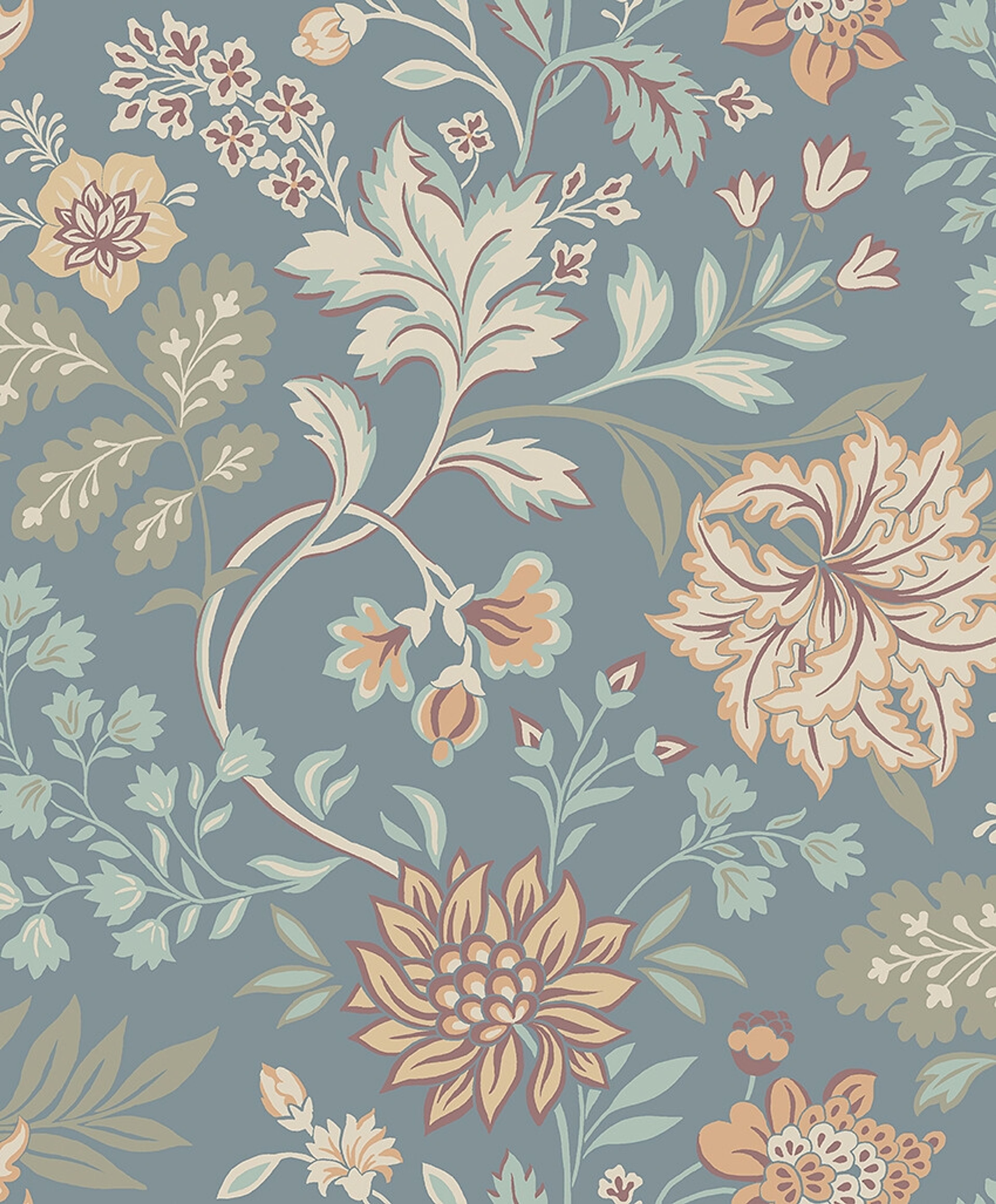 Alicia, dimblå tapet med blommigt mönster i blå. Från kollektionen Vårt Arkiv. Nonwoven-material med förskjuten passning. Country-stil.