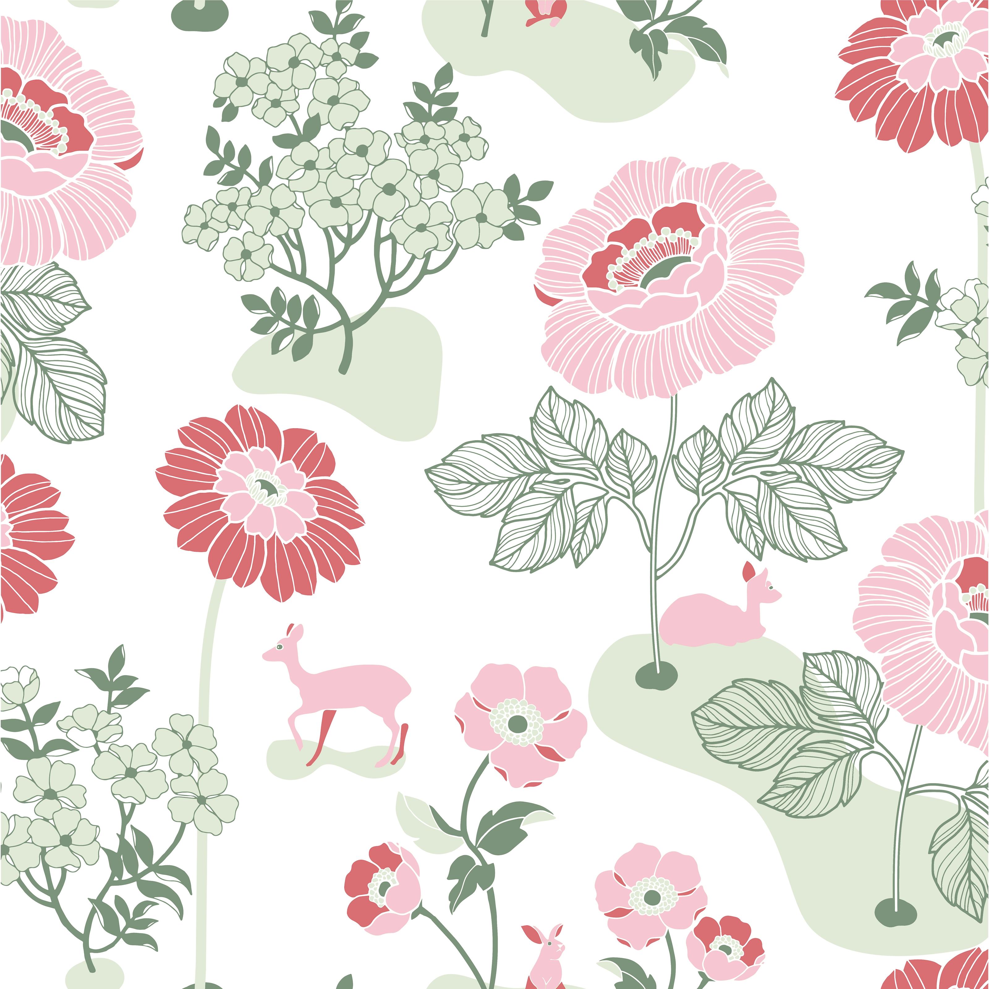 Blomsteräng, röd tapet från duro med blommigt mönster i röd, rosa och grön. Från kollektionen Duro 1900. Nonwoven-material med förskjuten mönsterpassning.