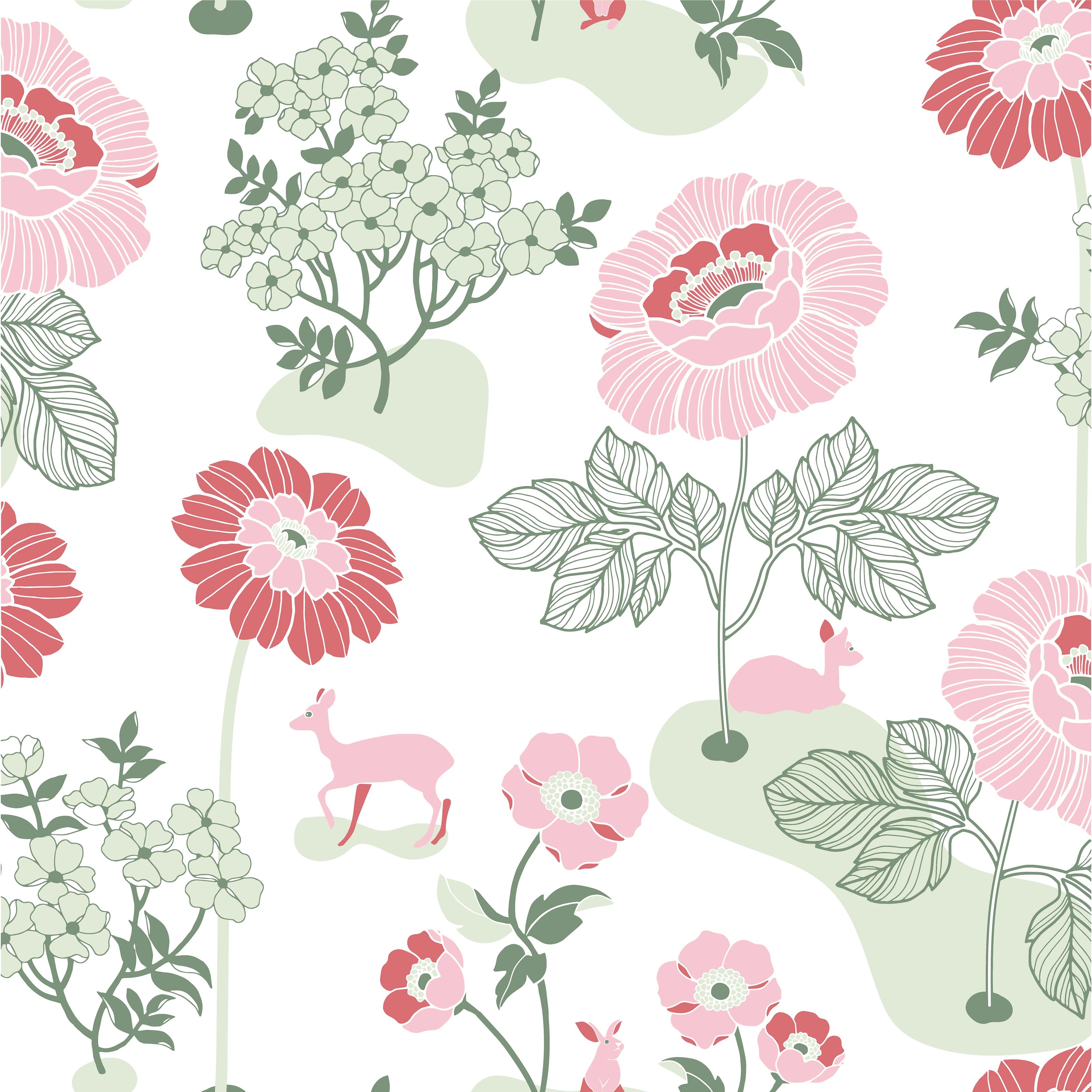 Blomsteräng, röd tapet från duro med blommigt mönster i röd, rosa och grön. Från kollektionen Duro 1900. Nonwoven-material med förskjuten mönsterpassning.