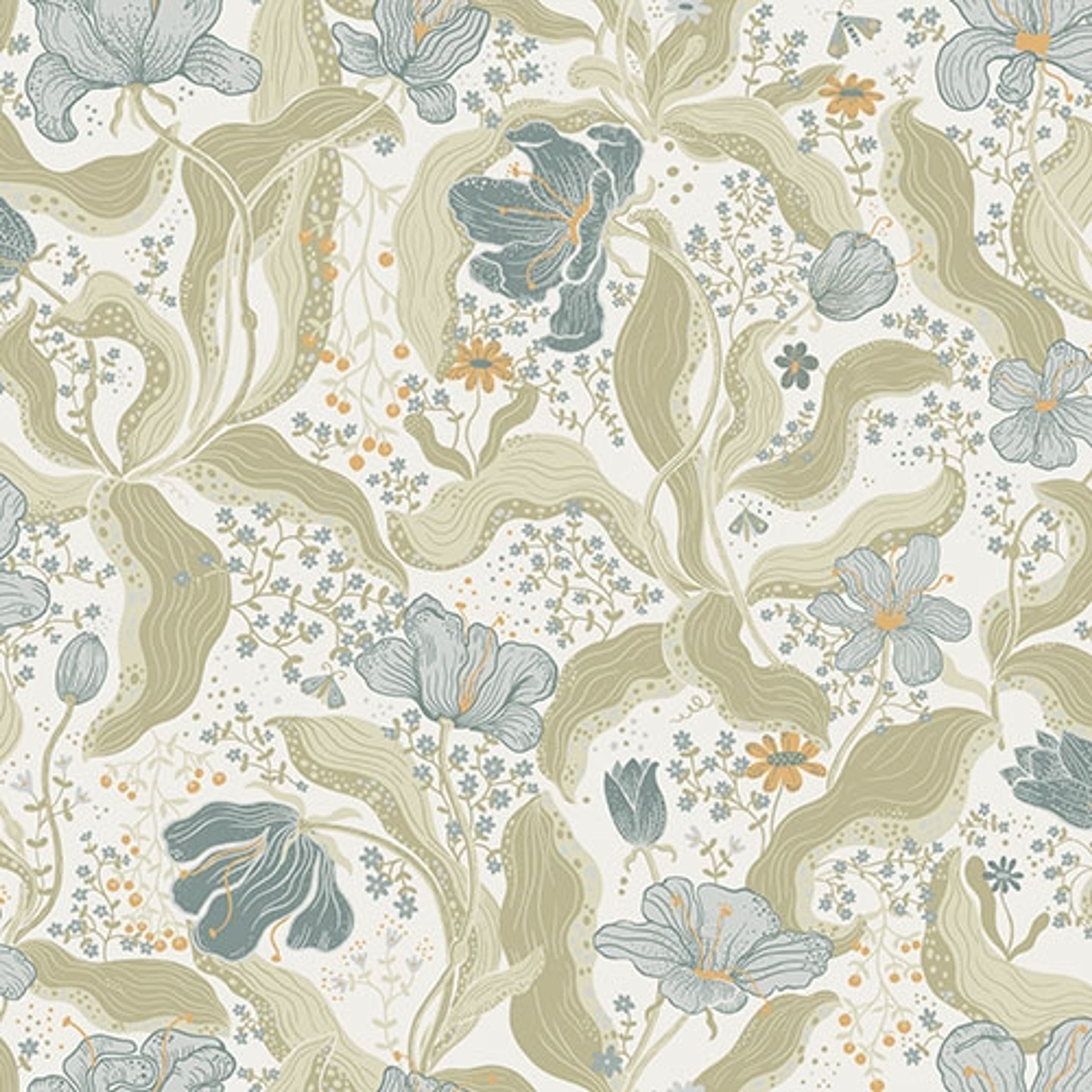 Bodri blommor och blad i blått och beige tapet med blommigt mönster i blå och orange. Från kollektionen Lina 2. Nonwoven-material med förskjuten passning.