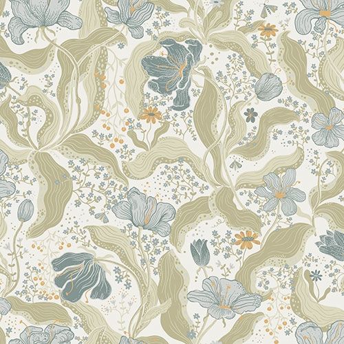 Bodri blommor och blad i blått och beige tapet med blommigt mönster i blå och orange. Från kollektionen Lina 2. Nonwoven-material med förskjuten passning.