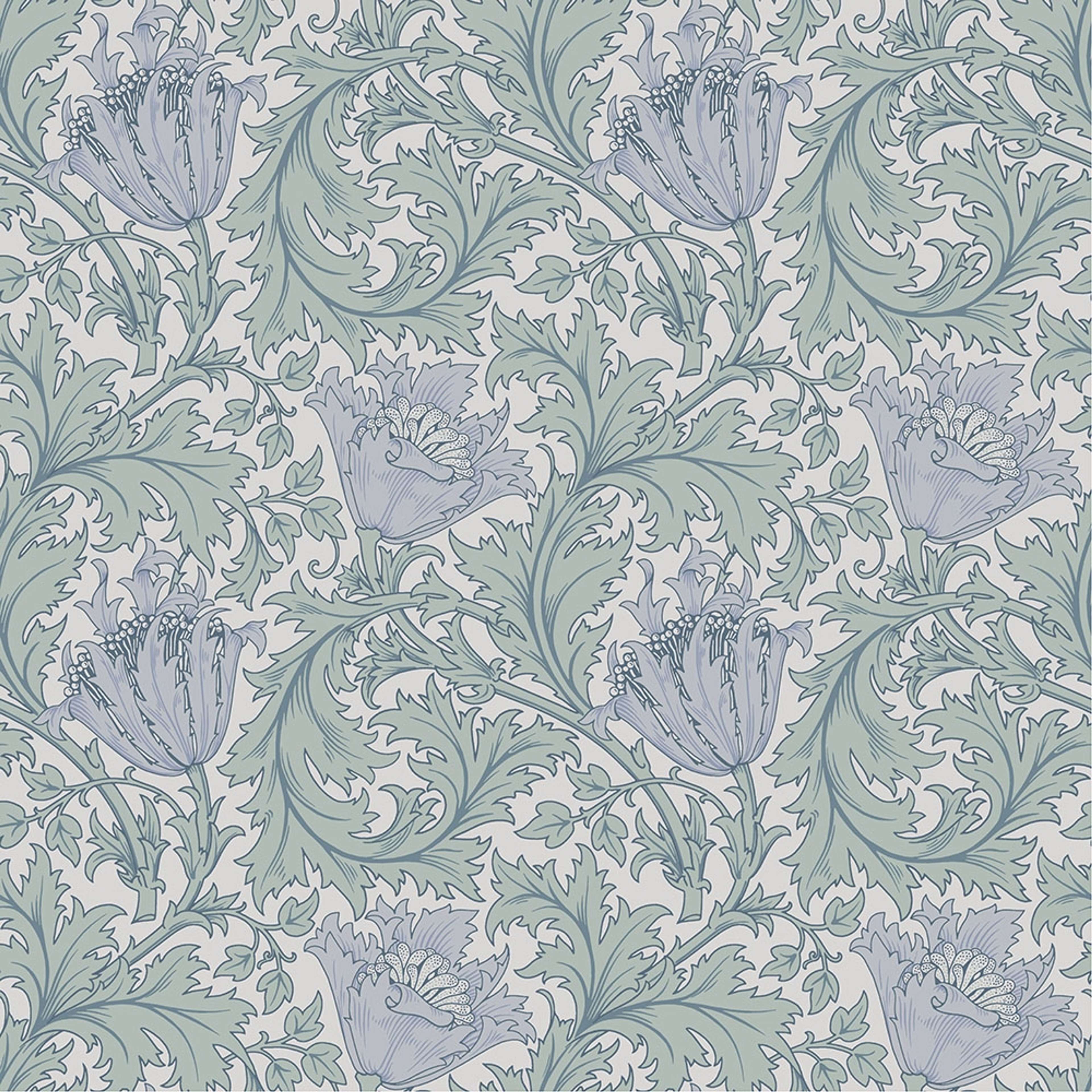 Anemone - W. Morris, blå tapet tapet från Midbec med botaniskt, blommigt mönster i grön och blå. Från kollektionen Hidden Treasures vol 1. Nonwoven-material med rak passning.