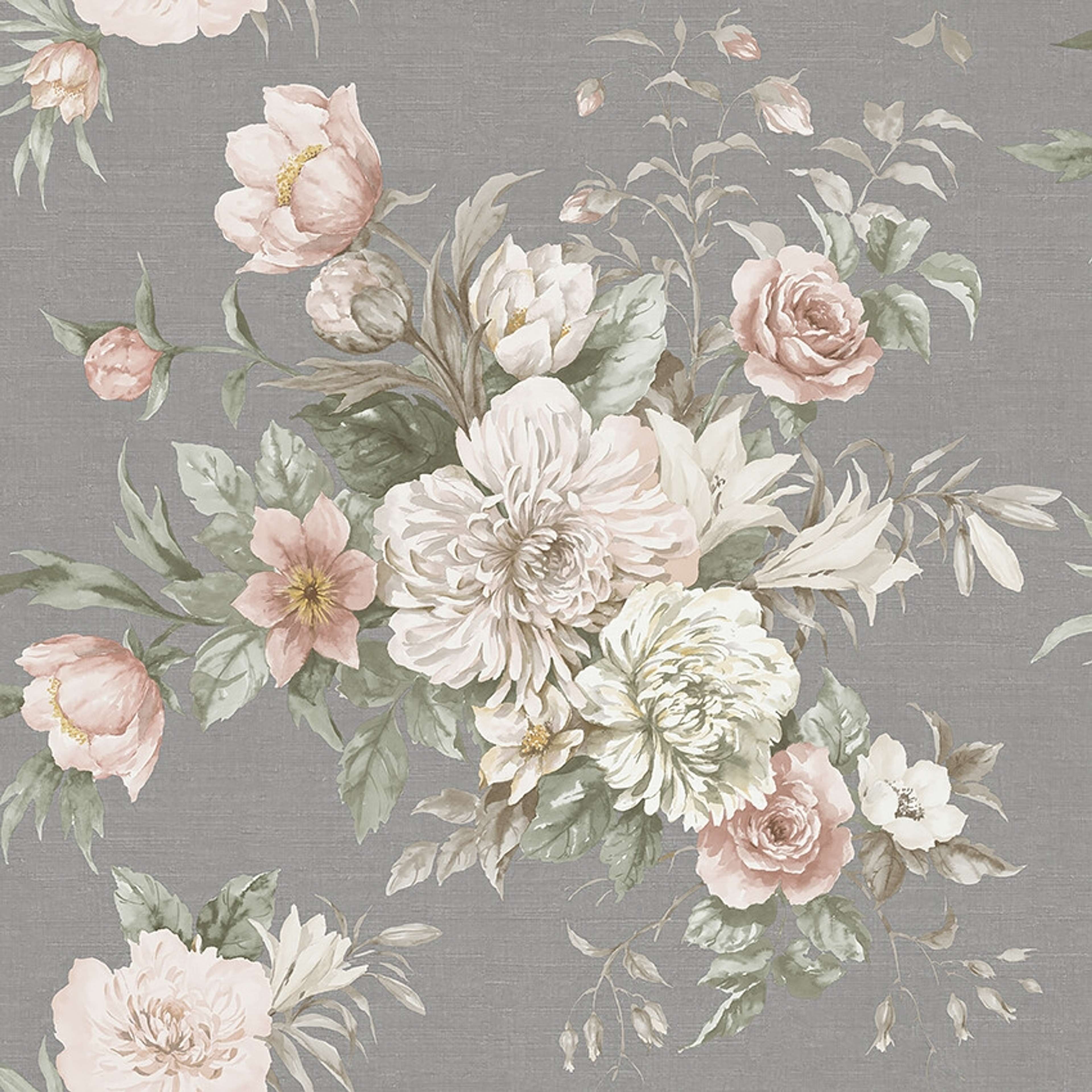 Floral Charm tapet tapet med blommigt mönster i grå. Från kollektionen Dreamy Escape. Nonwoven-material med förskjuten passning. Passar i vardagsrum och matsal.