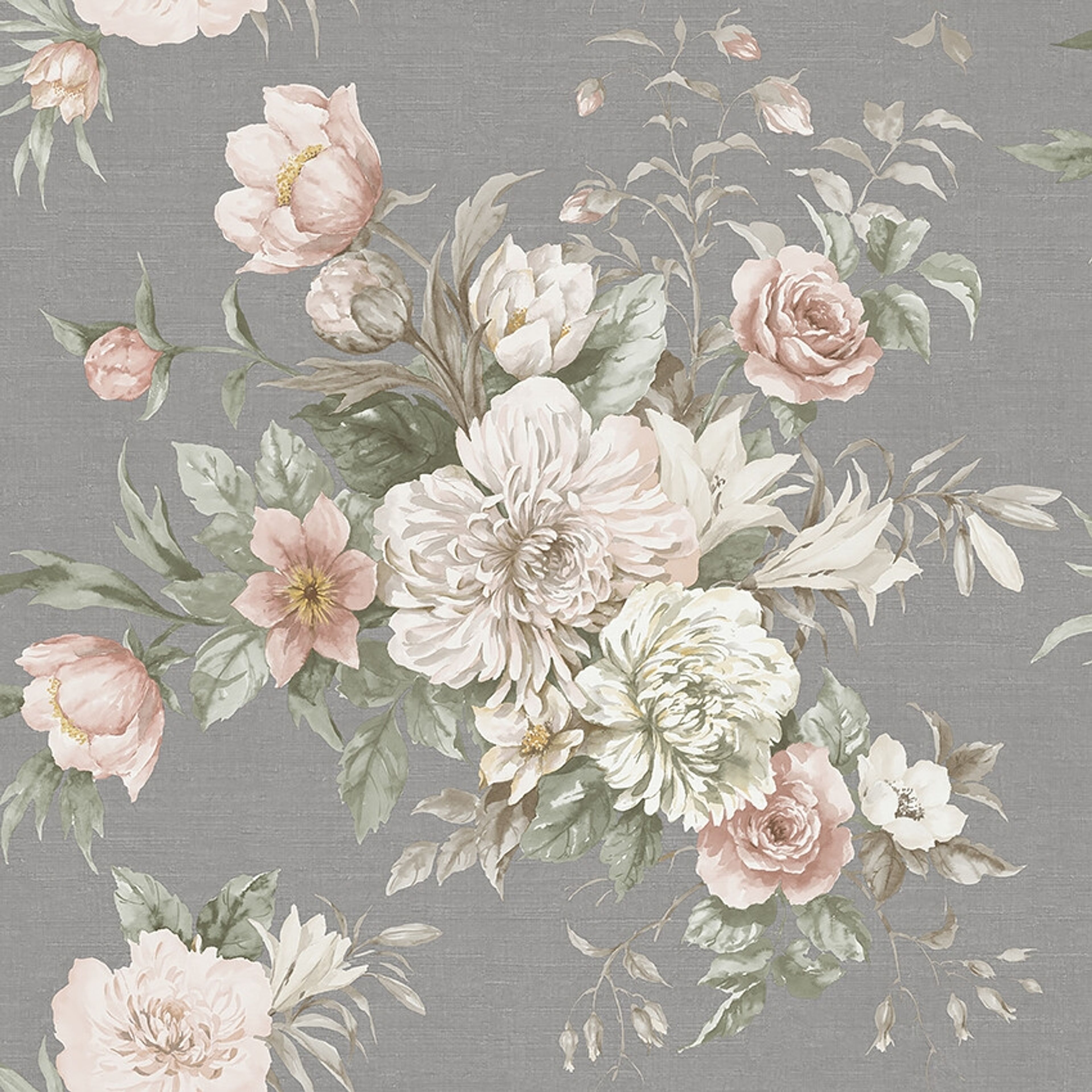 Floral Charm tapet tapet med blommigt mönster i grå. Från kollektionen Dreamy Escape. Nonwoven-material med förskjuten passning. Passar i vardagsrum och matsal.