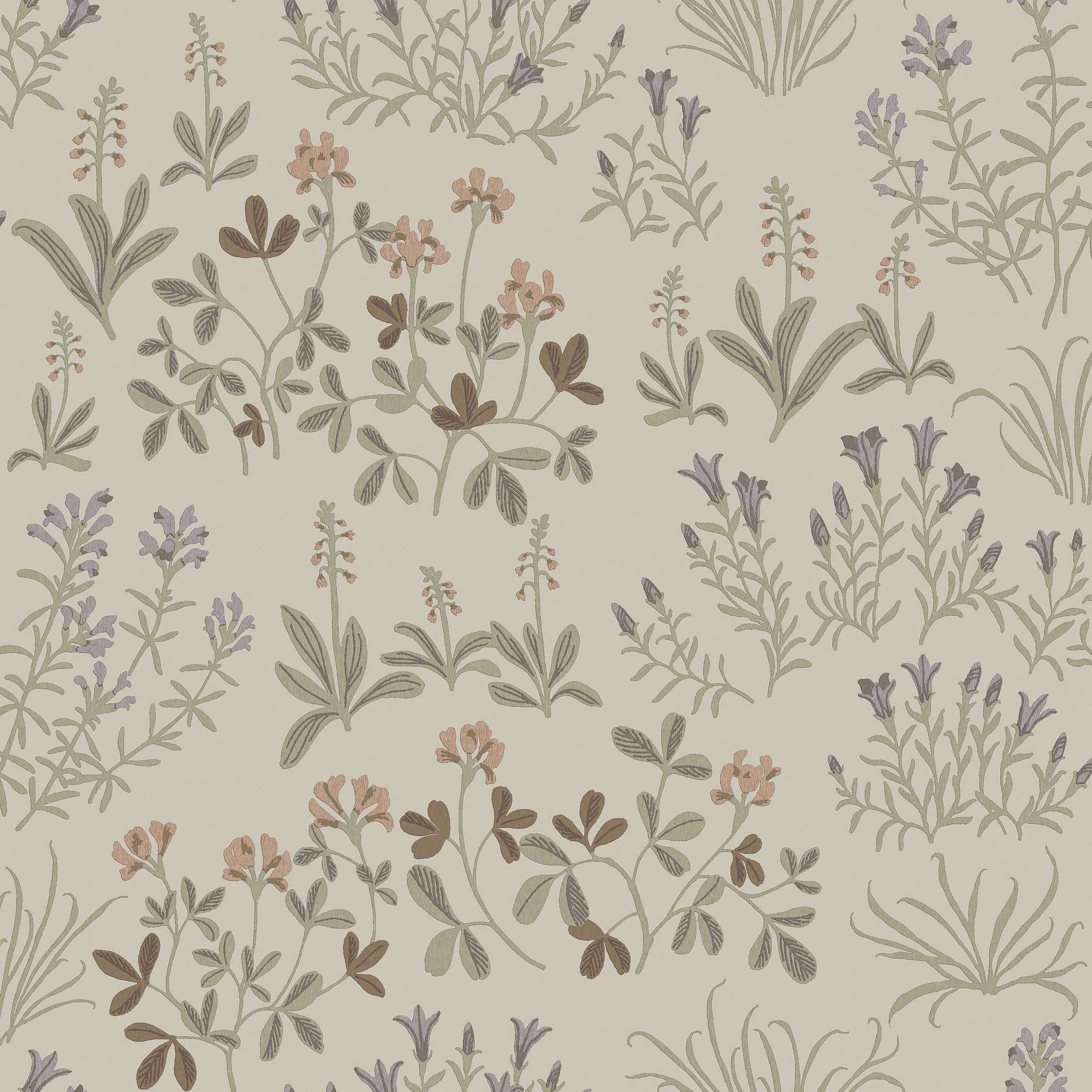 Noras Äng brun, tapet tapet med blommigt, naturochlandskap mönster i brun. Från kollektionen Nordic Folk. Nonwoven-material med förskjuten passning. Passar i vardagsrum.