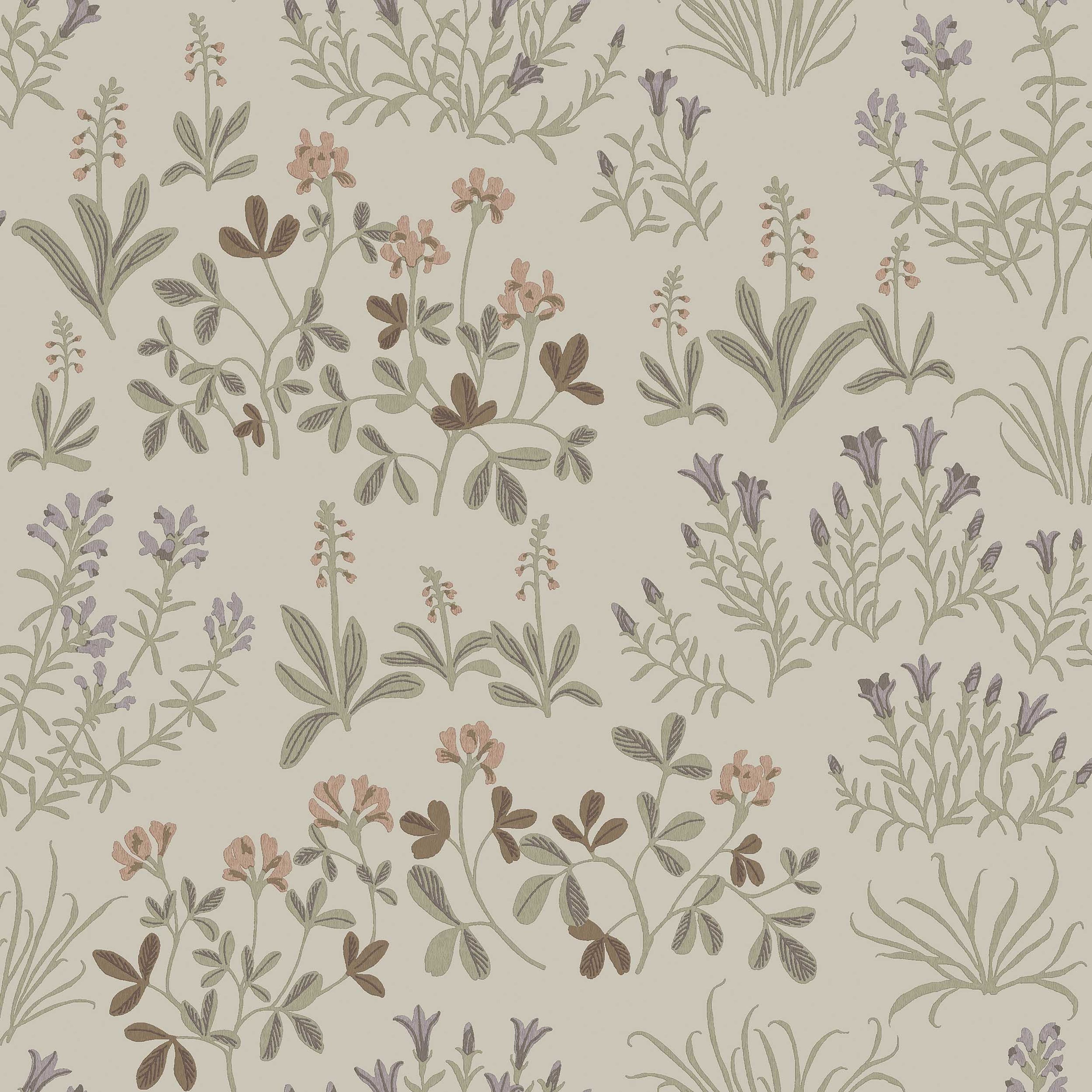 Noras Äng brun, tapet tapet med blommigt, naturochlandskap mönster i brun. Från kollektionen Nordic Folk. Nonwoven-material med förskjuten passning. Passar i vardagsrum.