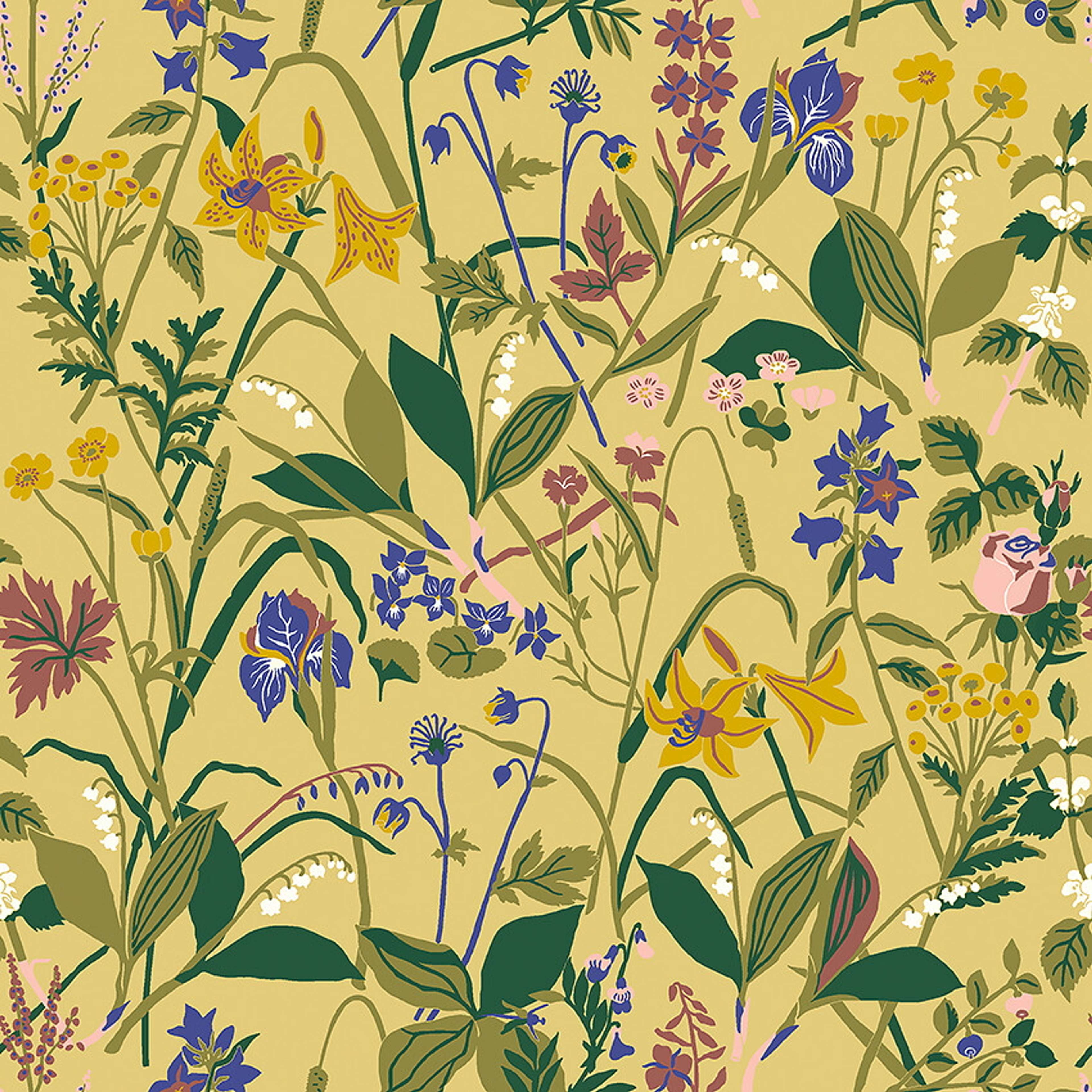 Gocken Jobs Ros och Lilja tapet med botaniskt, blommigt, retro mönster i gul. Från kollektionen Scandinavian Designers III. Nonwoven-material med rak passning.
