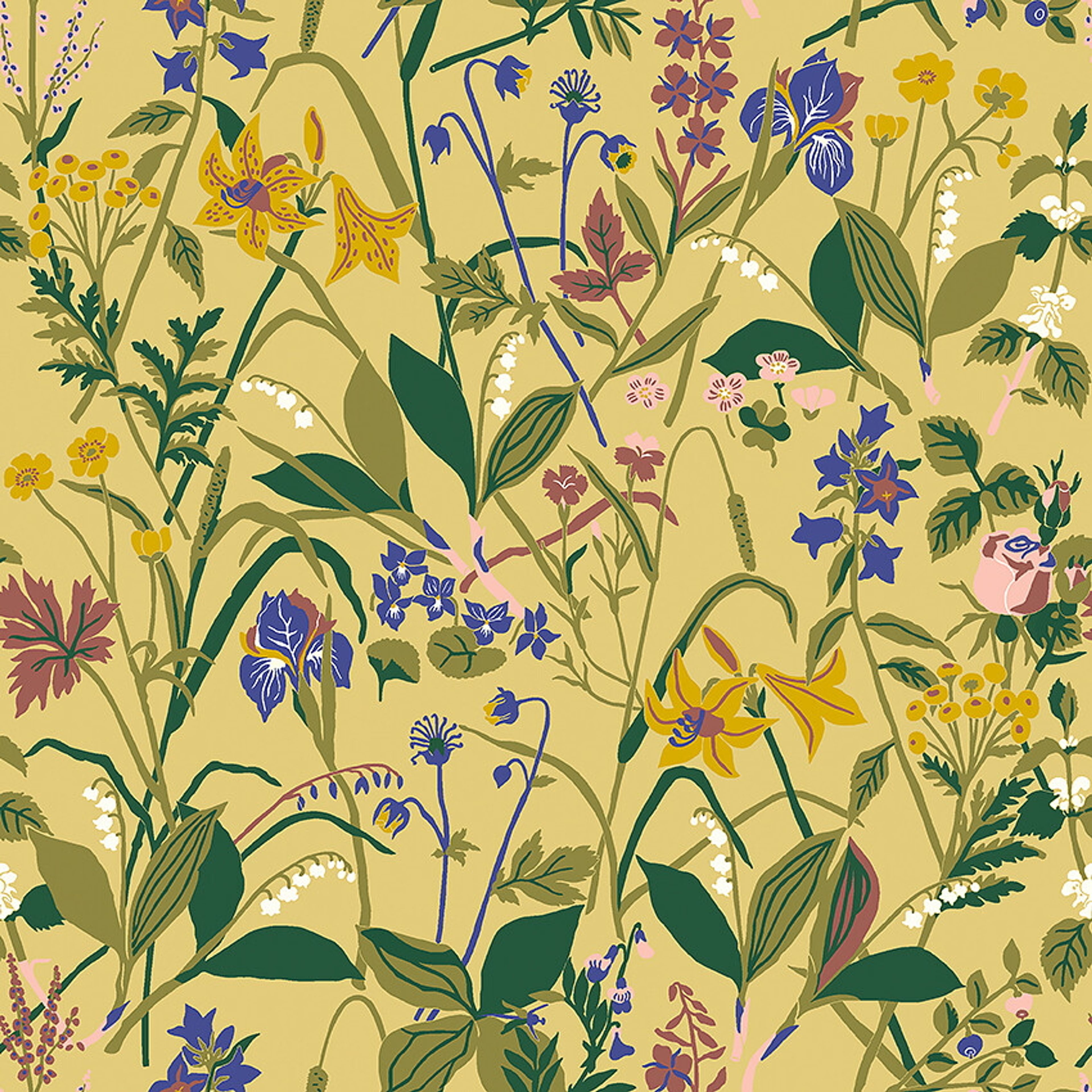 Gocken Jobs Ros och Lilja tapet med botaniskt, blommigt, retro mönster i gul. Från kollektionen Scandinavian Designers III. Nonwoven-material med rak passning.