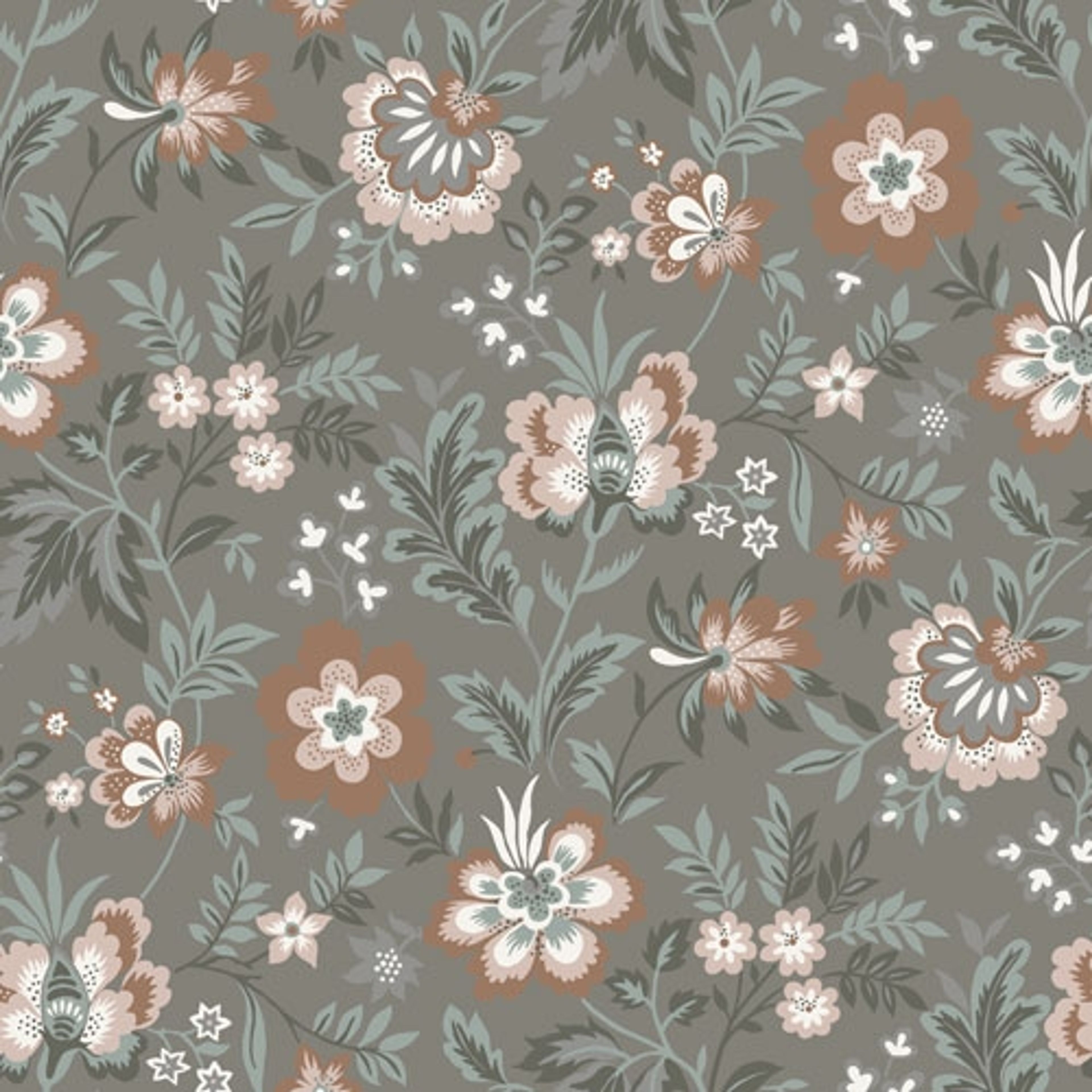 Mirabelle storblommig, grå tapet från Midbec med blommigt mönster i grå. Från kollektionen Lyckebo. Nonwoven-material med rak passning.