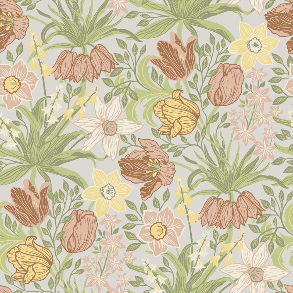 Cecilia tapet med blommigt mönster i grå. Från kollektionen Fågelsång. Nonwoven-material med rak passning.