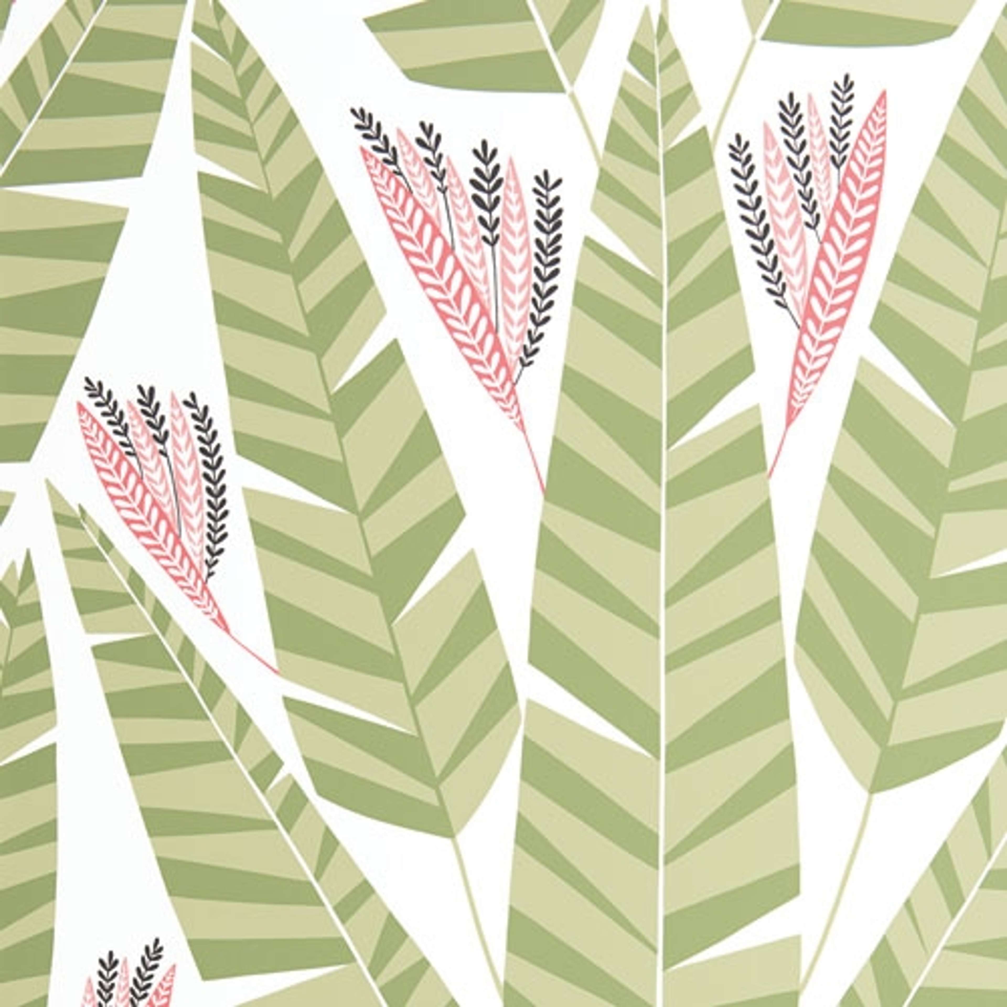 Jungle Palm tapet från Midbec med botaniskt mönster i grön. Från kollektionen Pioneer. Nonwoven-material med förskjuten passning. Vintage, lek-stil.