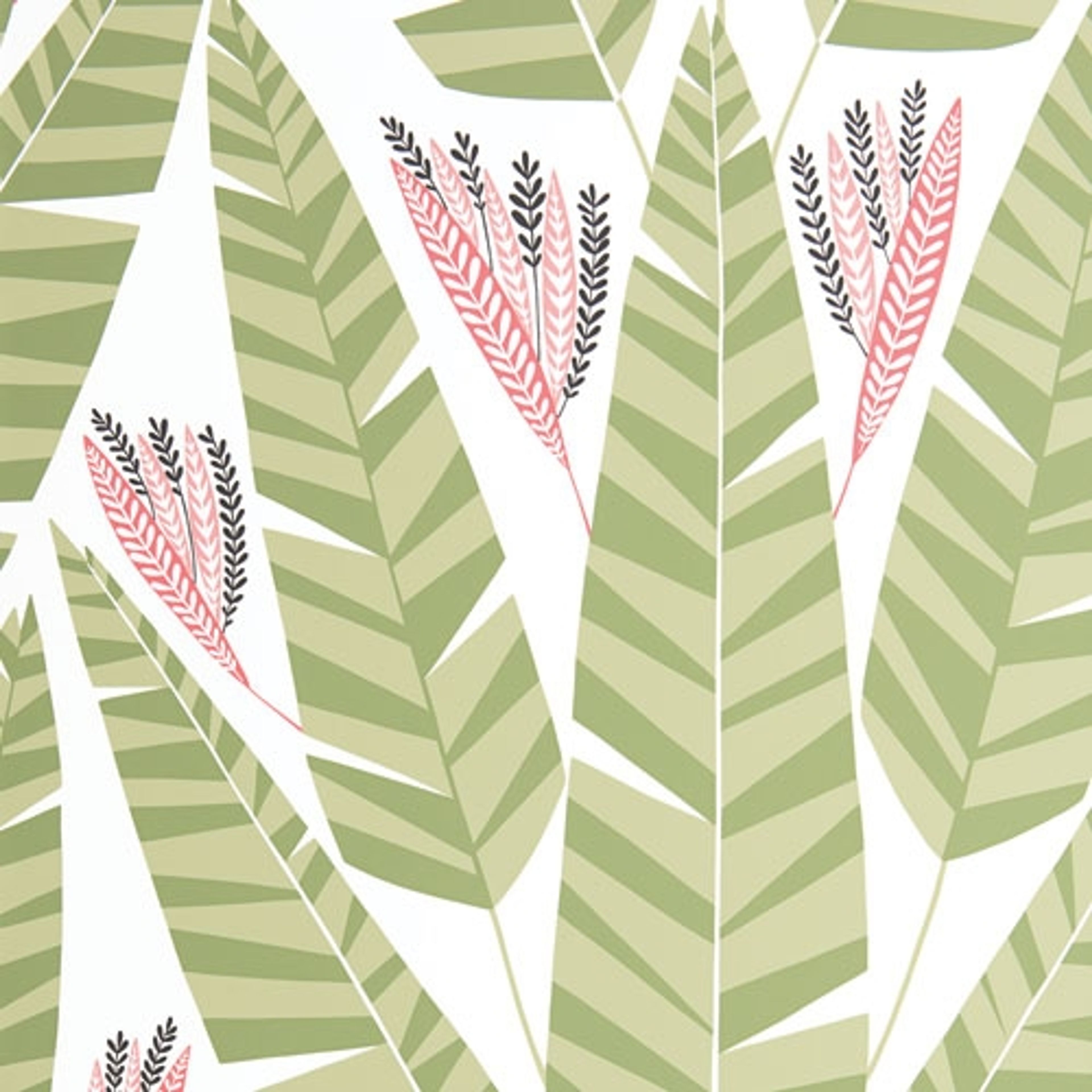 Jungle Palm tapet från Midbec med botaniskt mönster i grön. Från kollektionen Pioneer. Nonwoven-material med förskjuten passning. Vintage, lek-stil.