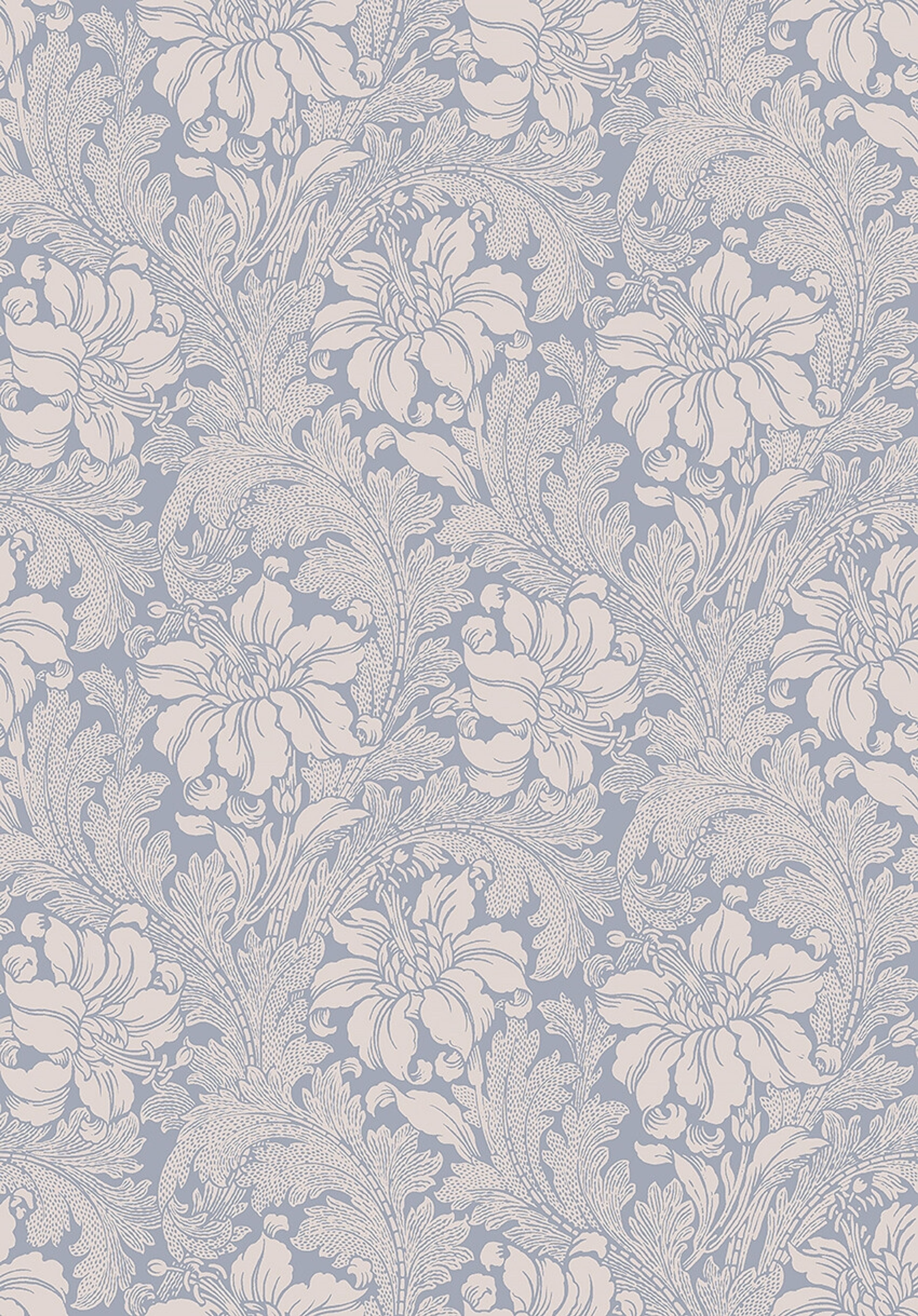 Acanthus storblommig, blå/beige tapet med blommigt mönster i blå. Från kollektionen Vårt Arkiv. Nonwoven-material med rak passning. Country-stil.