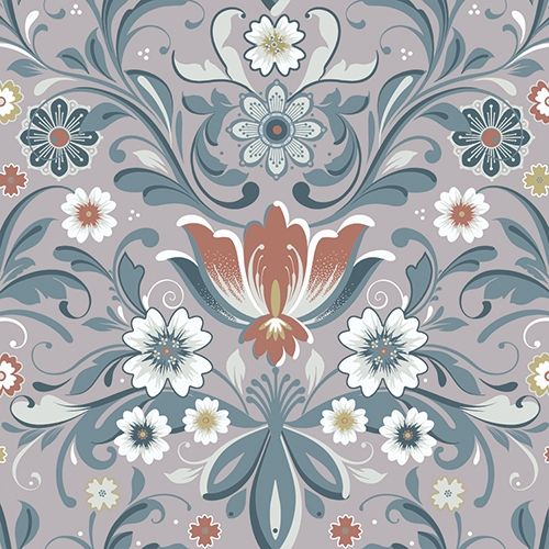 Sunnanö Östanskär, blågrå/beige tapet med blommigt mönster i beige. Från kollektionen Sunnanö. Nonwoven-material med förskjuten passning.