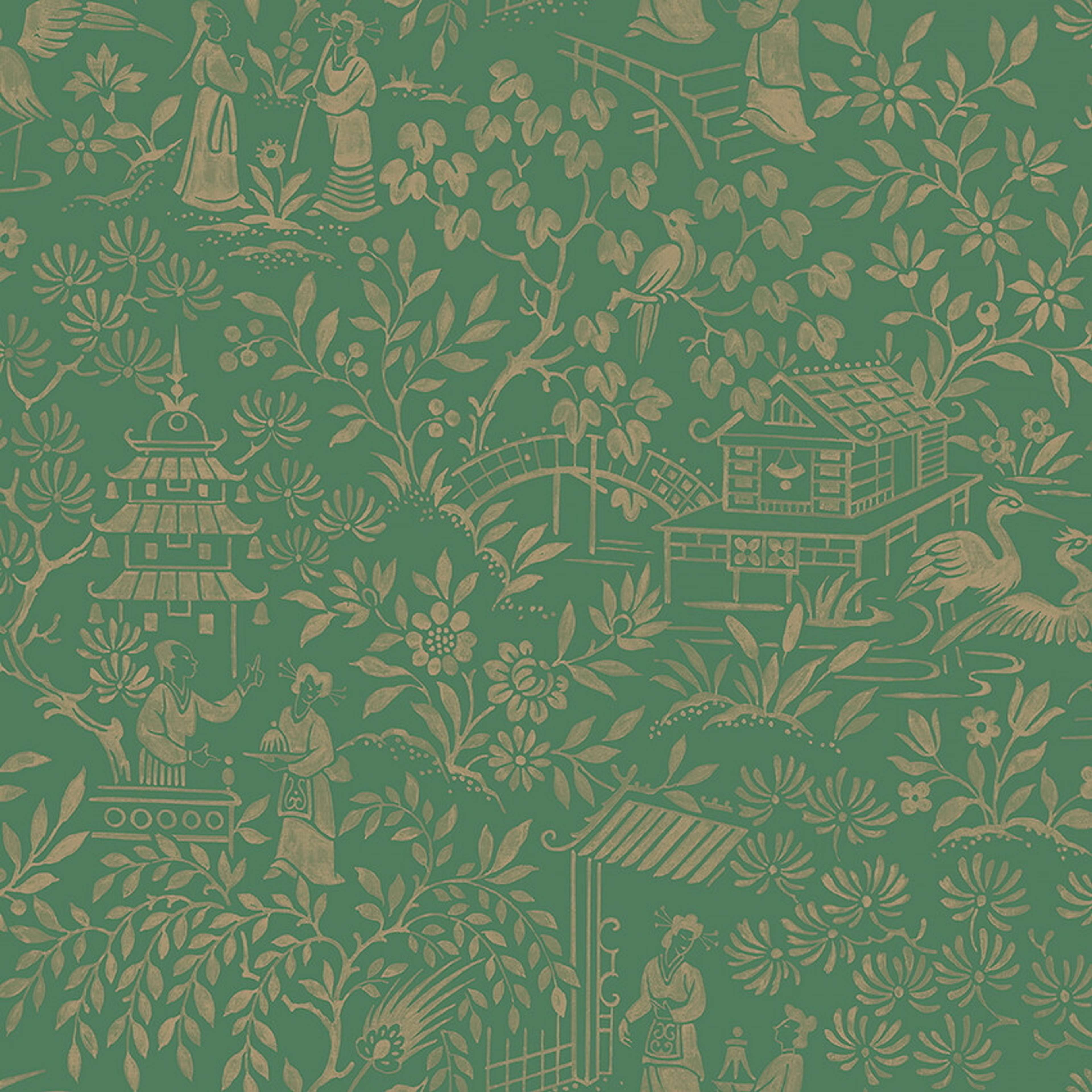 Oriental Garden tapet tapet med botaniskt mönster i grön. Från kollektionen Dreamy Escape. Nonwoven-material med förskjuten passning. Passar i vardagsrum och matsal.