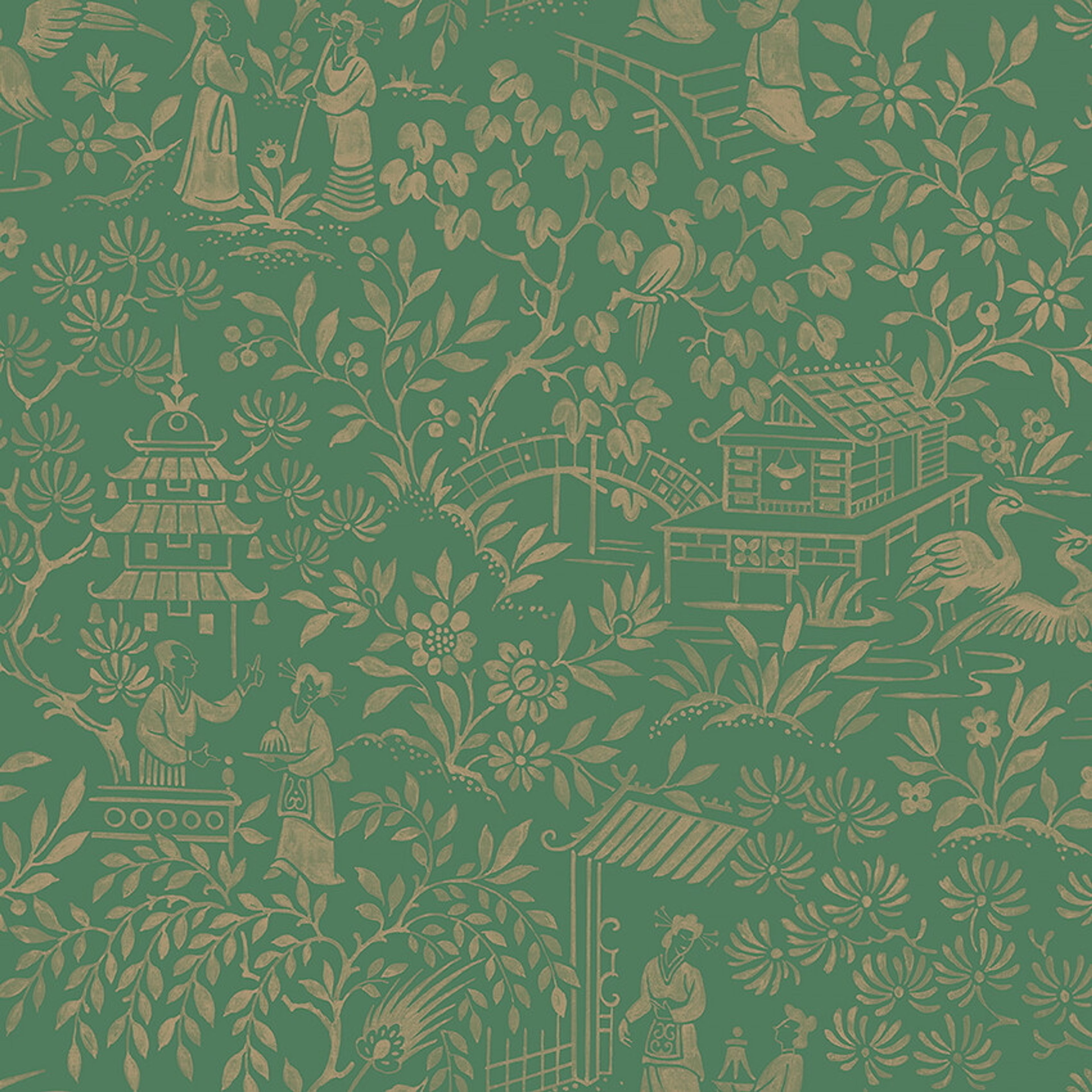 Oriental Garden tapet tapet med botaniskt mönster i grön. Från kollektionen Dreamy Escape. Nonwoven-material med förskjuten passning. Passar i vardagsrum och matsal.