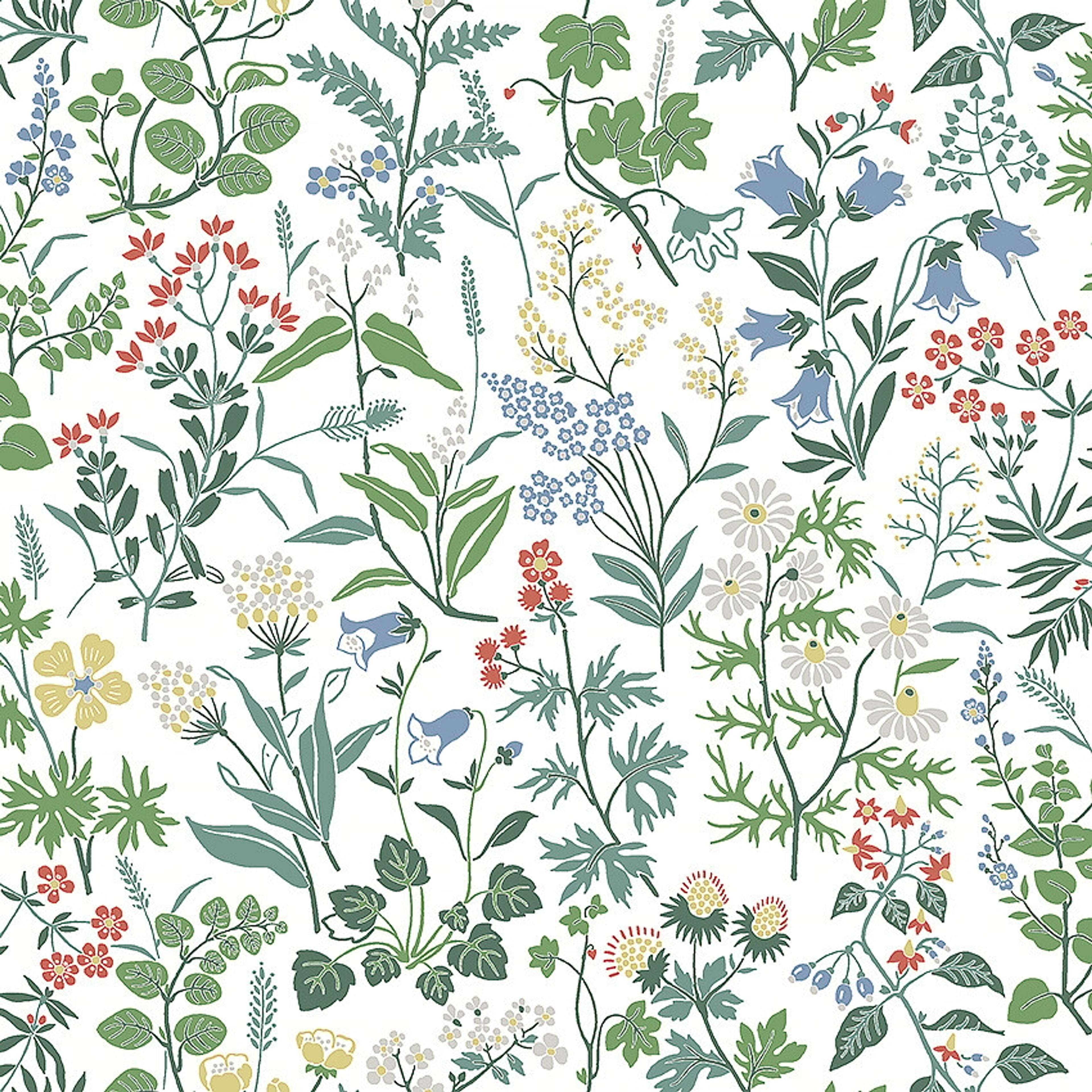 Flora tapet med blommigt mönster i vit och grön. Från kollektionen Alla Tiders Hus. Nonwoven-material med förskjuten passning. Country-stil. Passar i vardagsrum, matsal och kök.