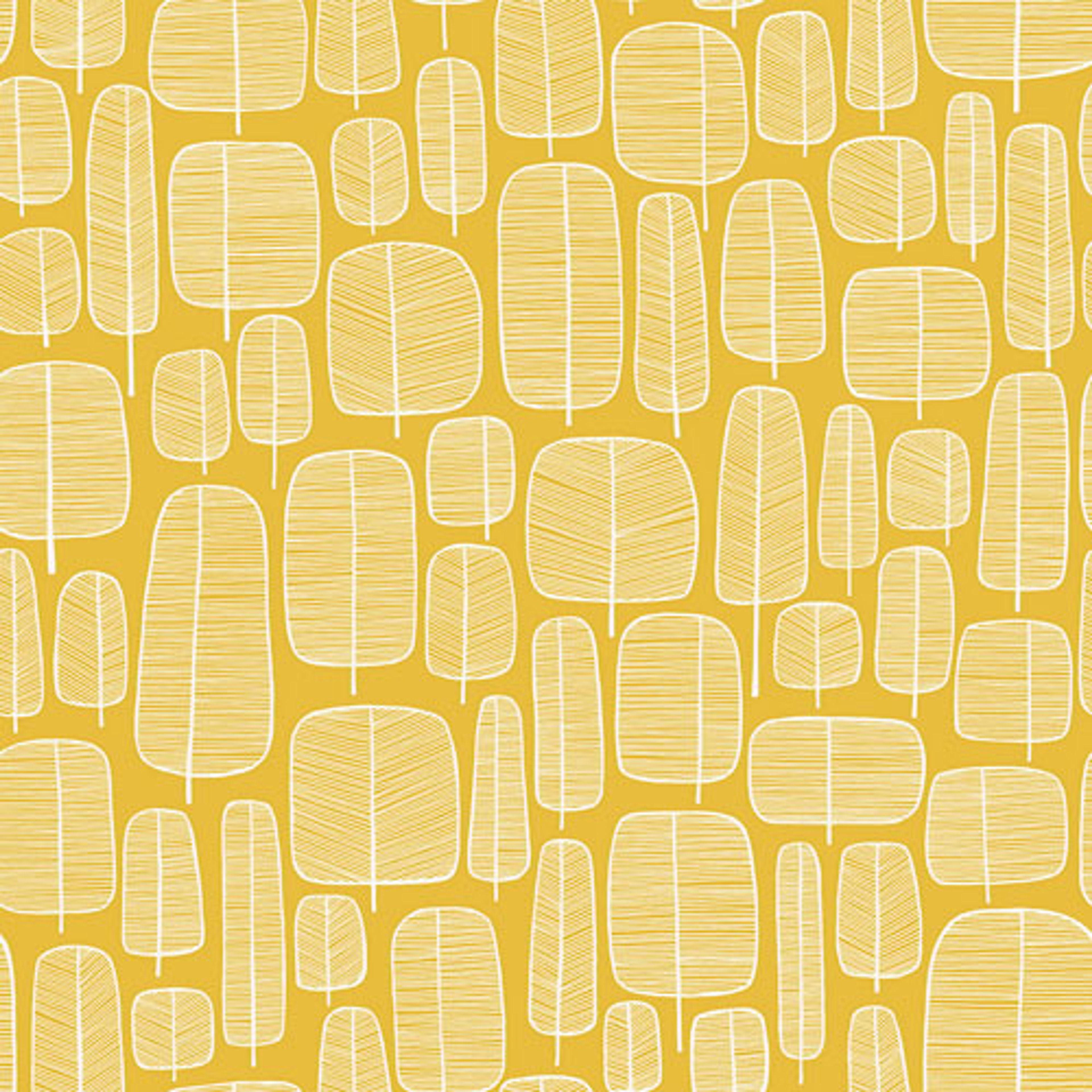 Little Trees Yellow tapet från Midbec med geometriskt, retro mönster i gul. Från kollektionen Kinfolk. Nonwoven-material med rak passning. Vintage-stil.
