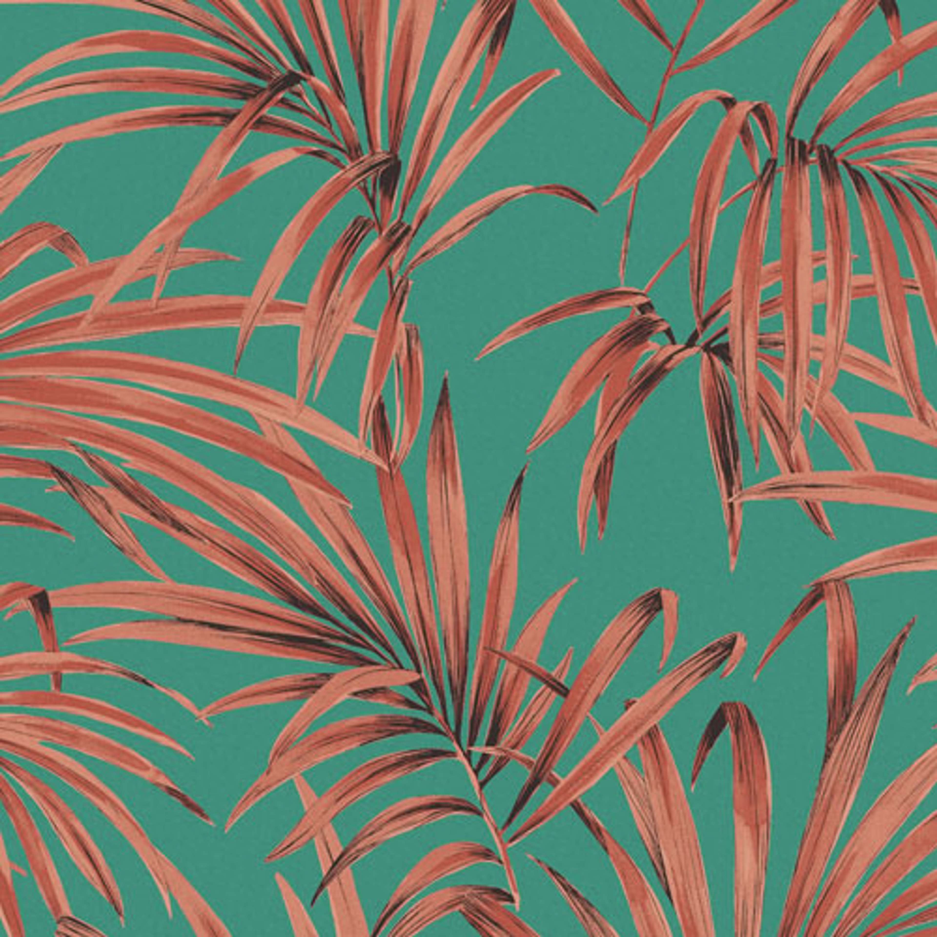 Palm tropical tapet med botaniskt mönster i grön. Från kollektionen lotus. Nonwoven-material med förskjuten passning.