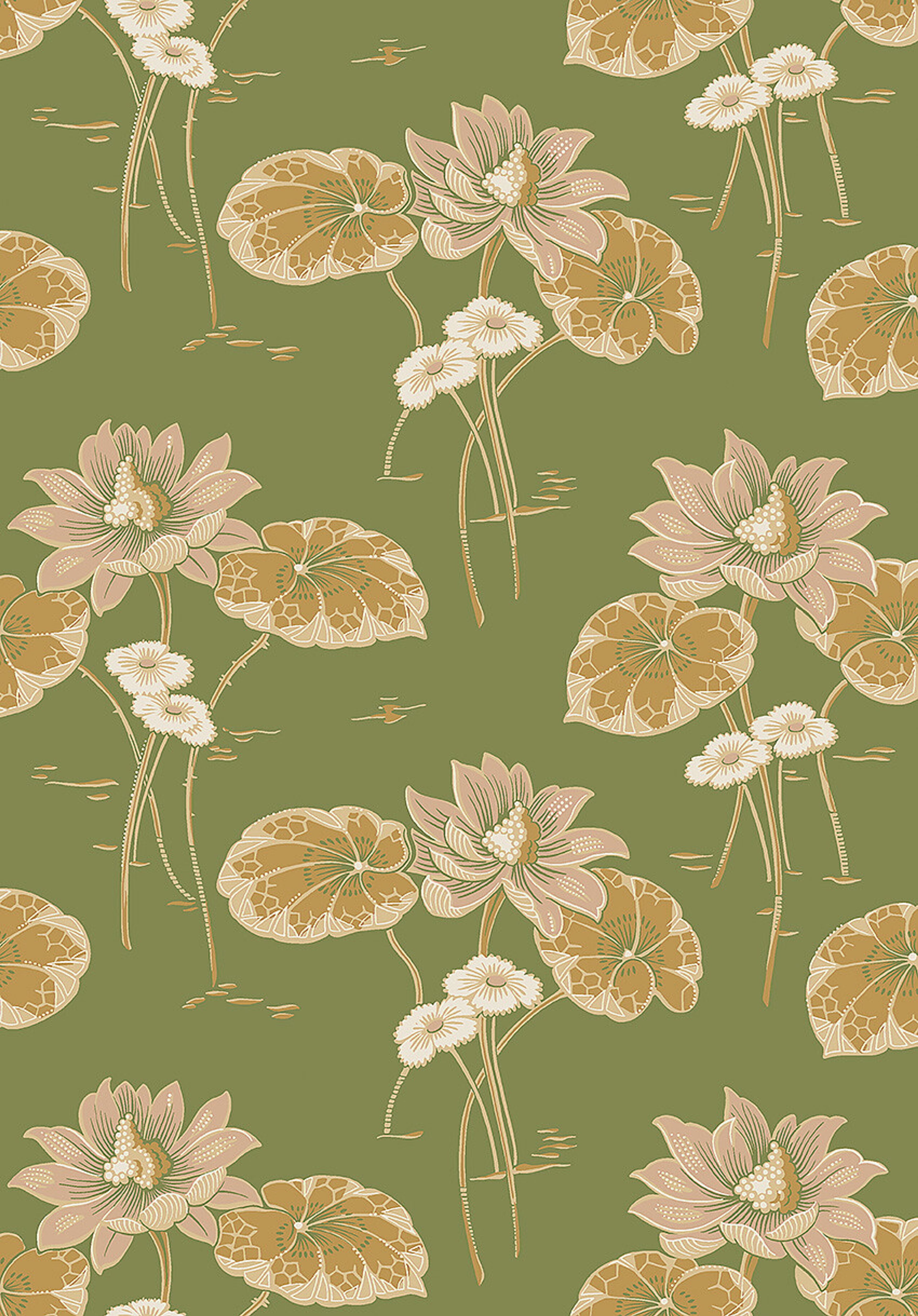 Haga tapet med blommigt mönster i grön. Från kollektionen Alla Tiders Hus. Nonwoven-material med förskjuten passning. Passar i vardagsrum, matsal och kök.