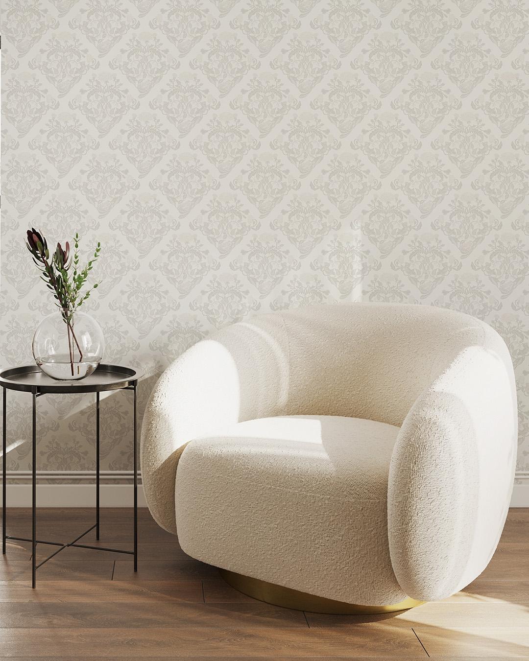 Klara o Tove frodas vit, tapet tapet med blommigt mönster i vit. Från kollektionen Klara o Tove. Nonwoven-material med rak passning. Passar i vardagsrum, sovrum och hall.