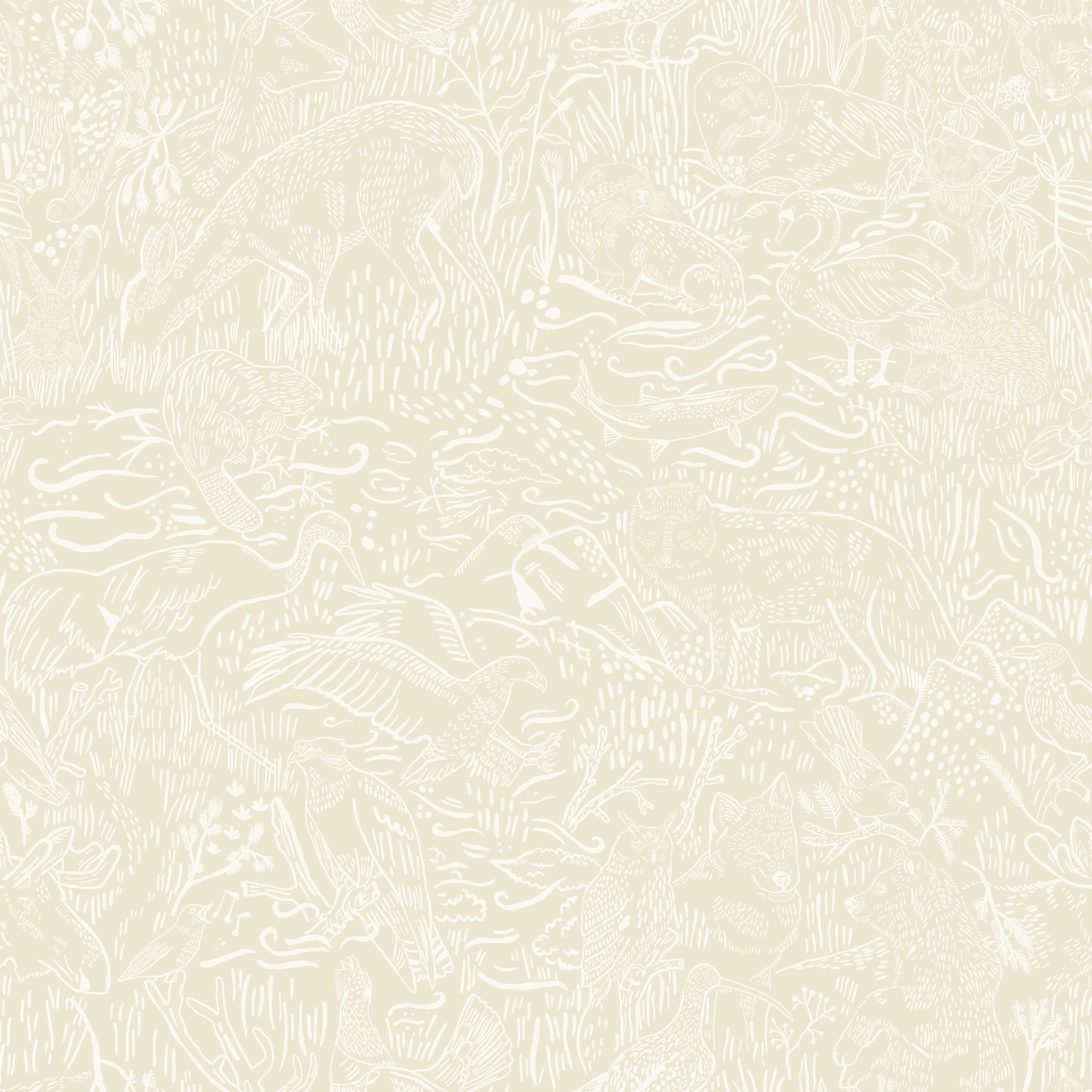 Klara o Tove landskapsdjur beige, tapet tapet med naturochlandskap mönster i beige. Från kollektionen Klara o Tove. Nonwoven-material med rak passning. Passar i vardagsrum, sovrum och hall.