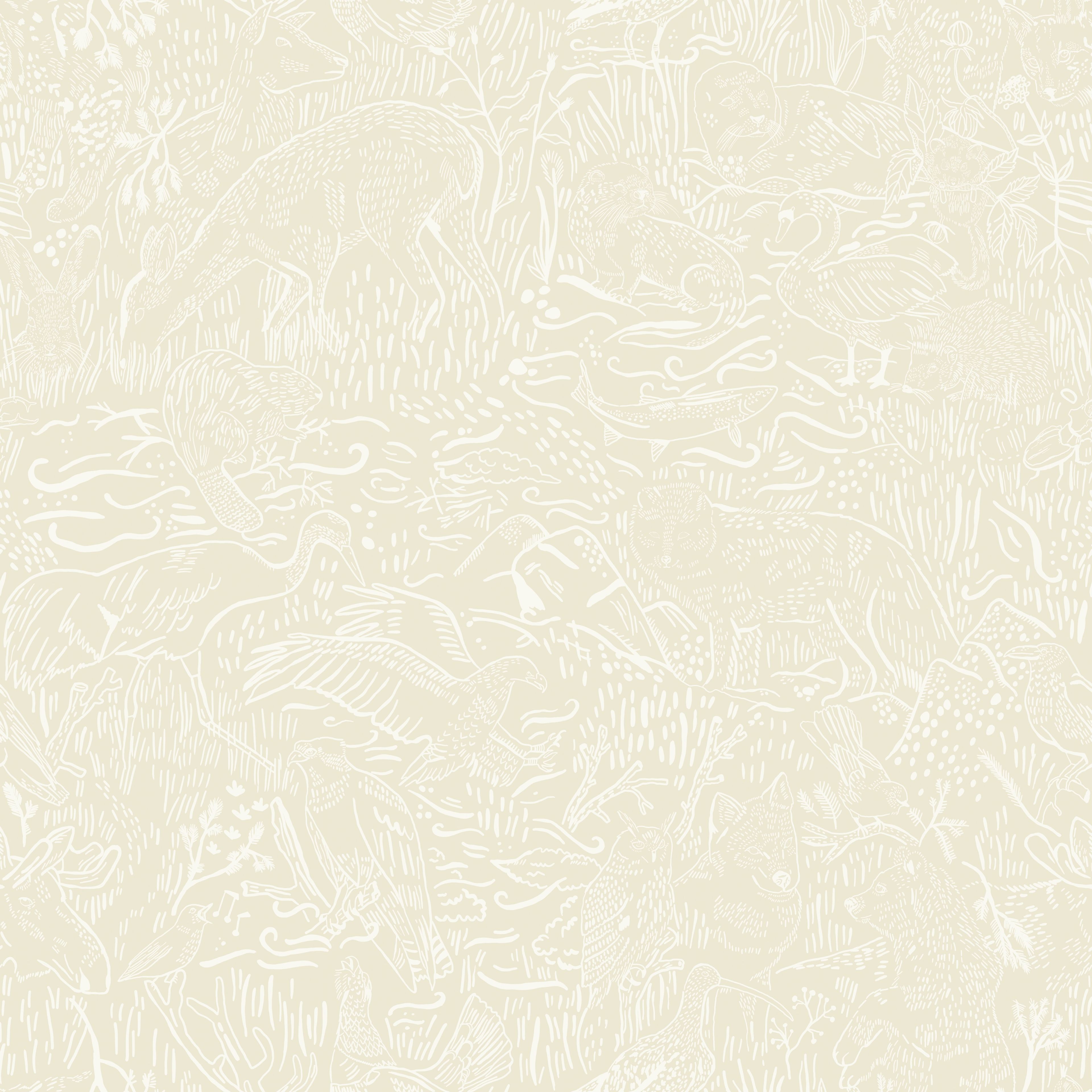 Klara o Tove landskapsdjur beige, tapet tapet med naturochlandskap mönster i beige. Från kollektionen Klara o Tove. Nonwoven-material med rak passning. Passar i vardagsrum, sovrum och hall.