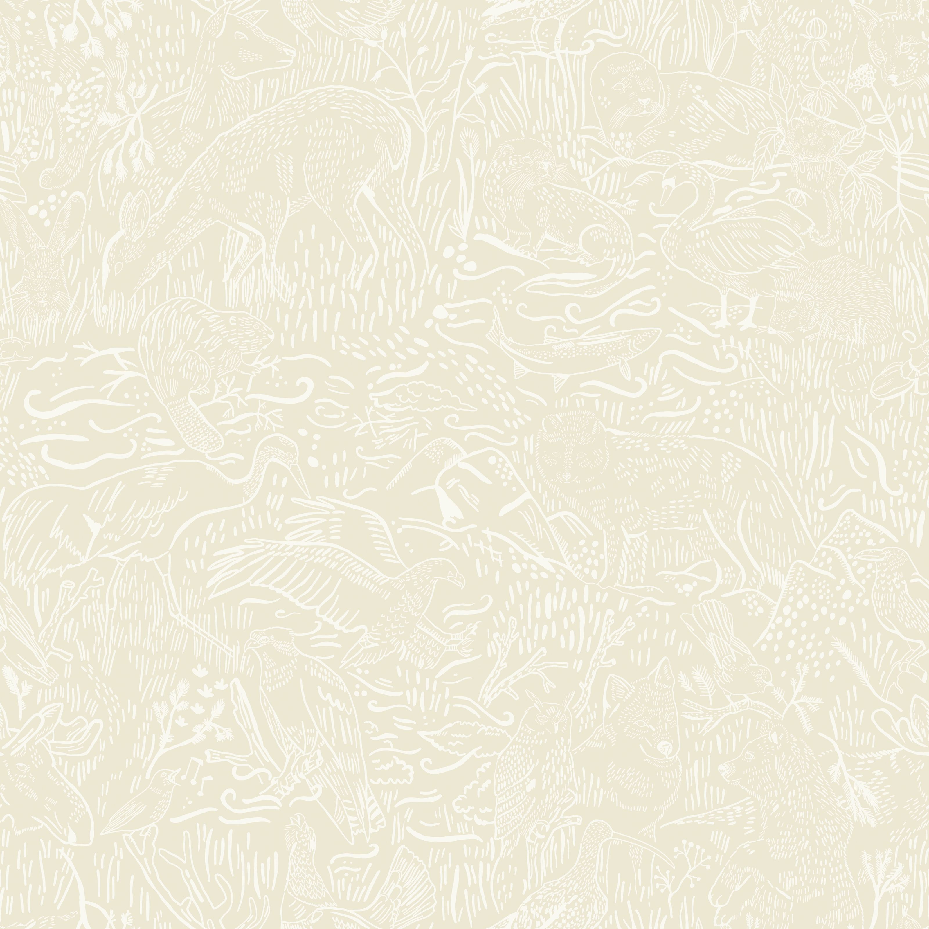 Klara o Tove landskapsdjur beige, tapet tapet med naturochlandskap mönster i beige. Från kollektionen Klara o Tove. Nonwoven-material med rak passning. Passar i vardagsrum, sovrum och hall.