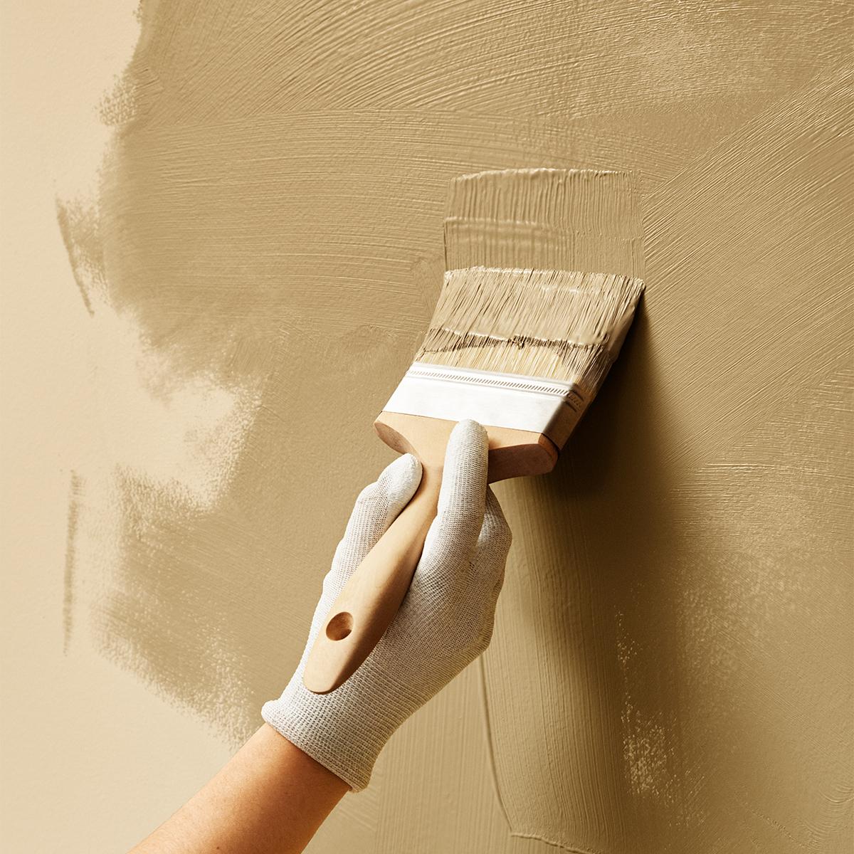 A gloved hand painting a wall beige with a paintbrush.