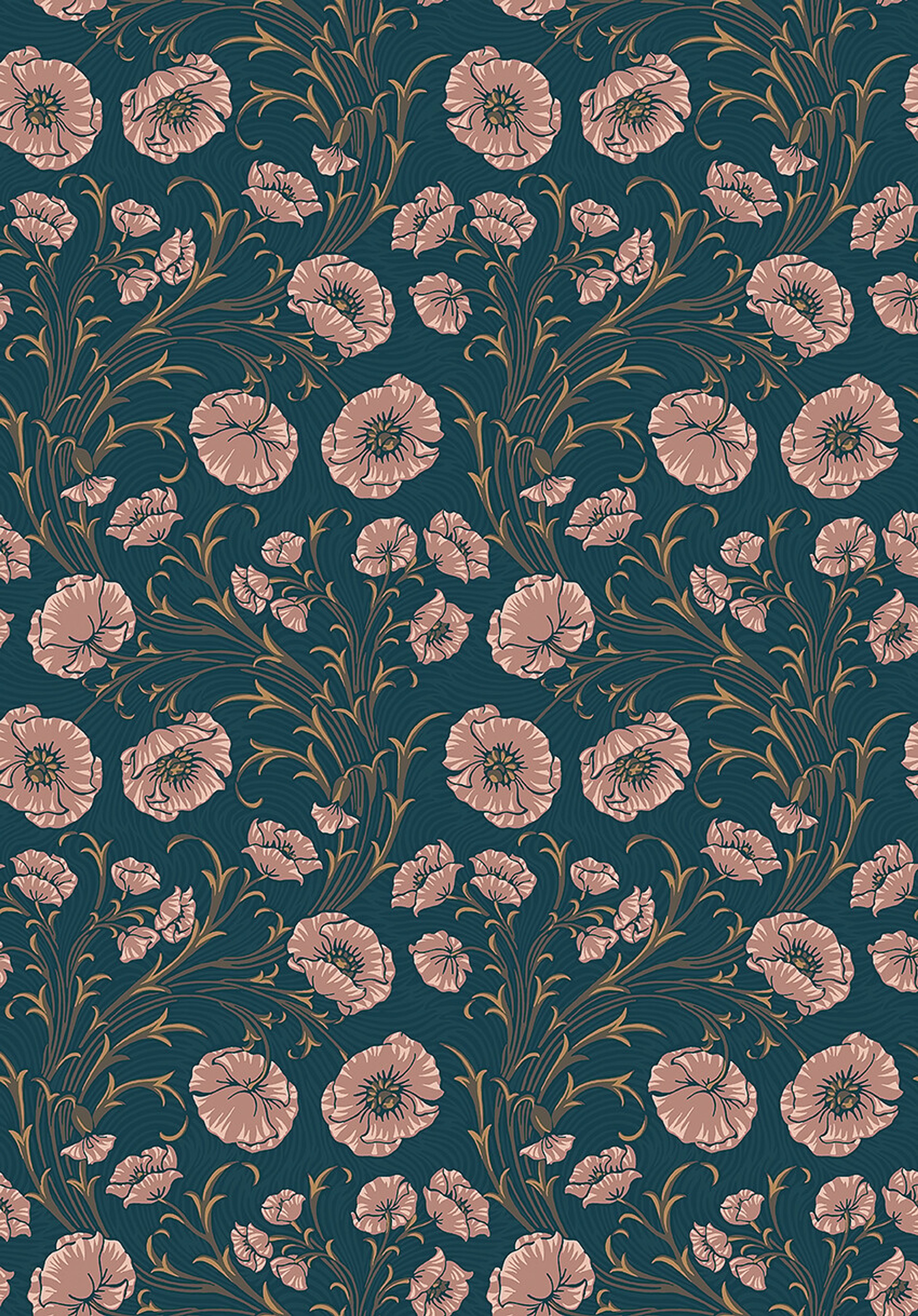 Poppy Flow blommor på blå botten tapet med blommigt mönster i blå. Från kollektionen Treasured. Nonwoven-material med rak passning. Passar i kök, hall och arbetsrum.