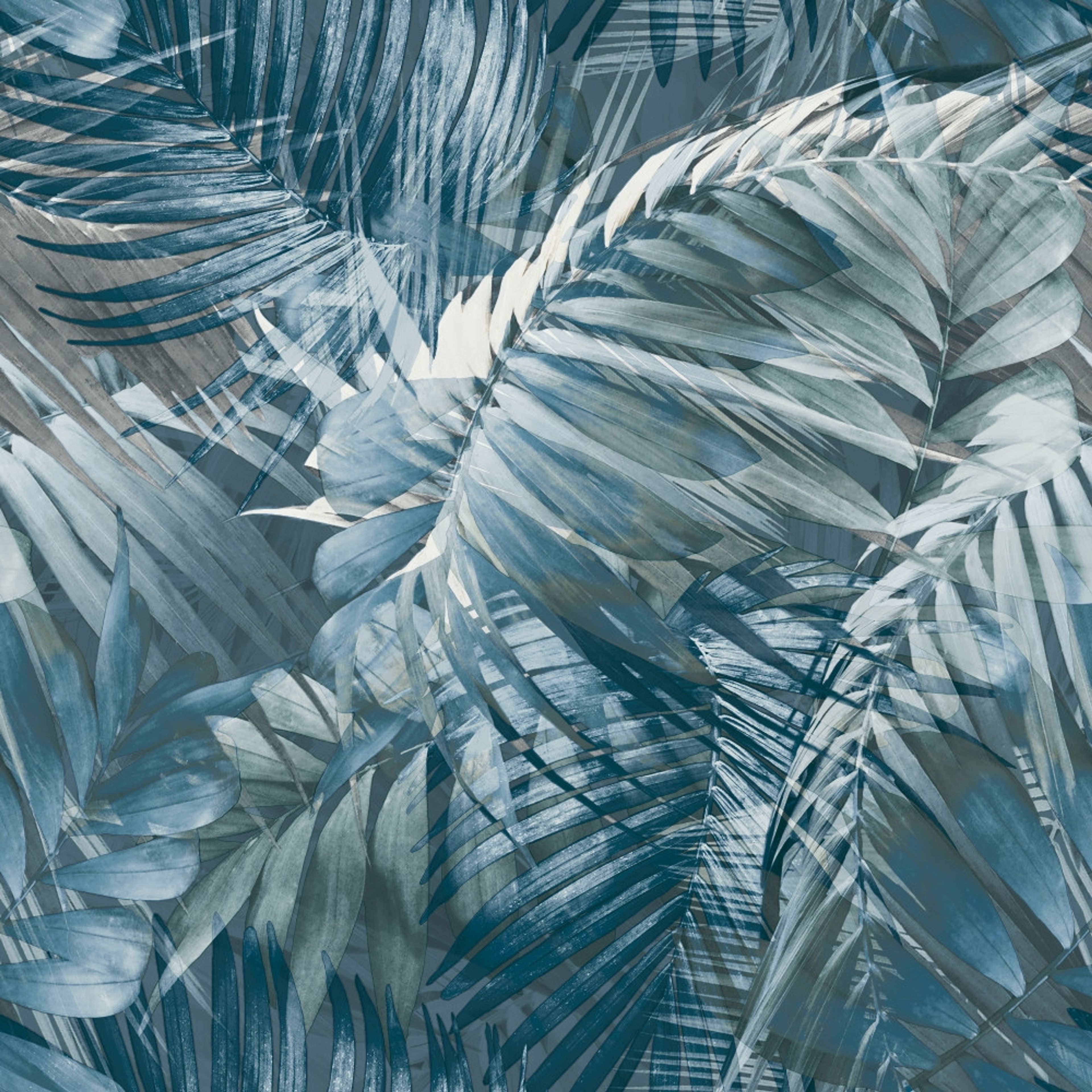 Antigua palm tapet med djur, botaniskt mönster i blå. Från kollektionen Malika. Nonwoven-material med rak passning. Passar i vardagsrum och matsal.