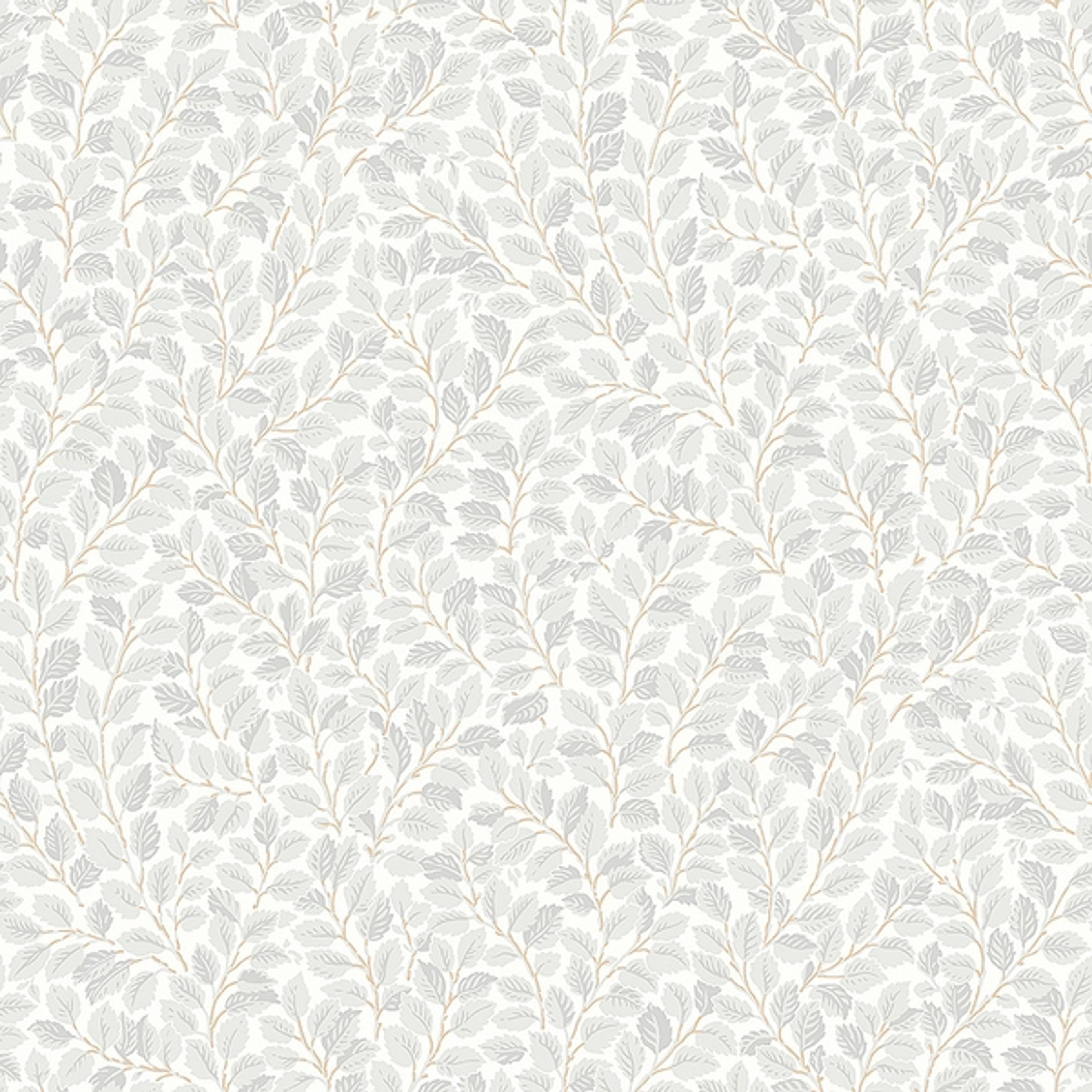 Hazel småbladig, grå/beige tapet från Boråstapeter med botaniskt mönster i grå och beige. Från kollektionen Falsterbo III. Nonwoven-material med rak passning. Country, city-stil.