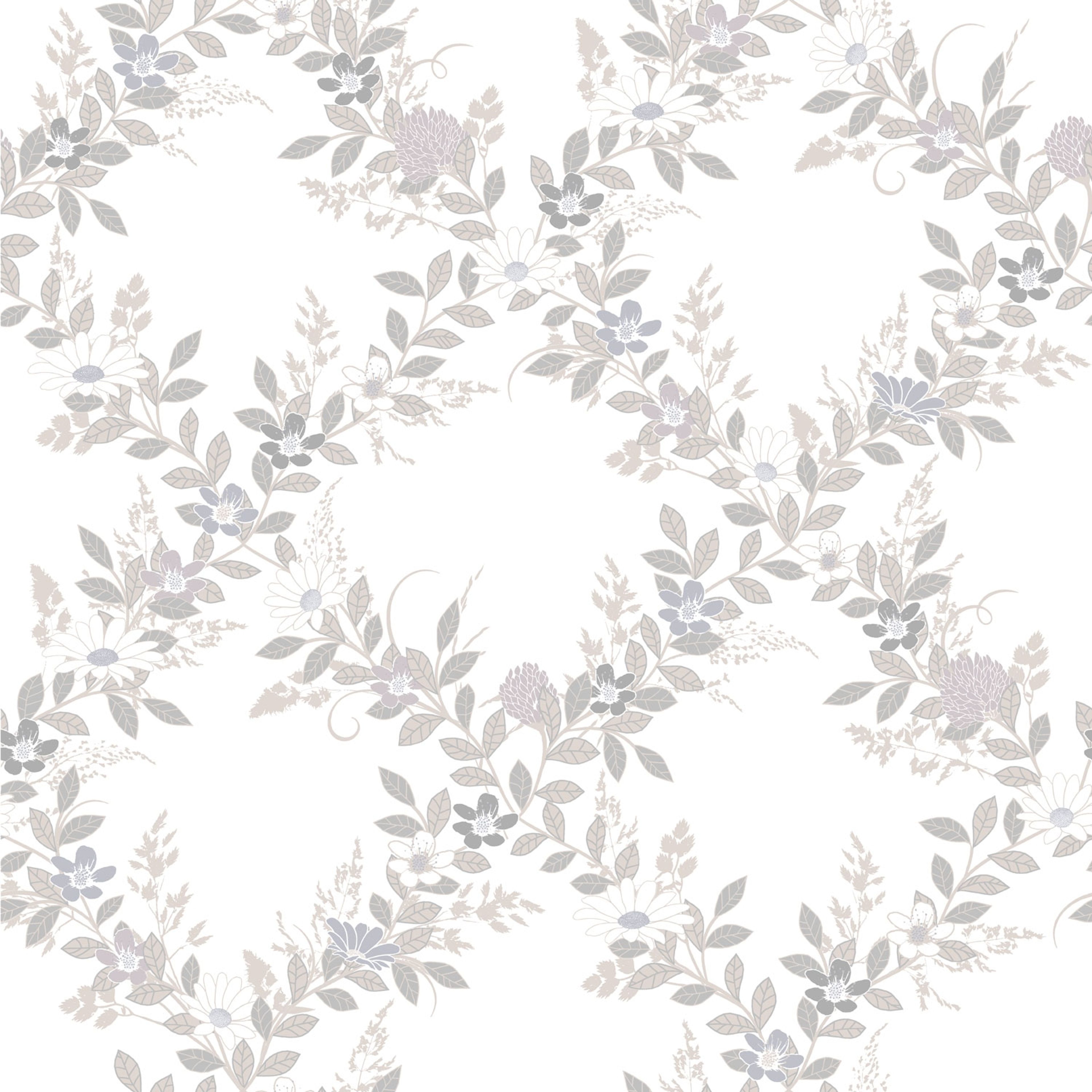 Margareta, vit tapet tapet med blommigt mönster i vit. Från kollektionen Örtagård. Nonwoven-material med rak passning.