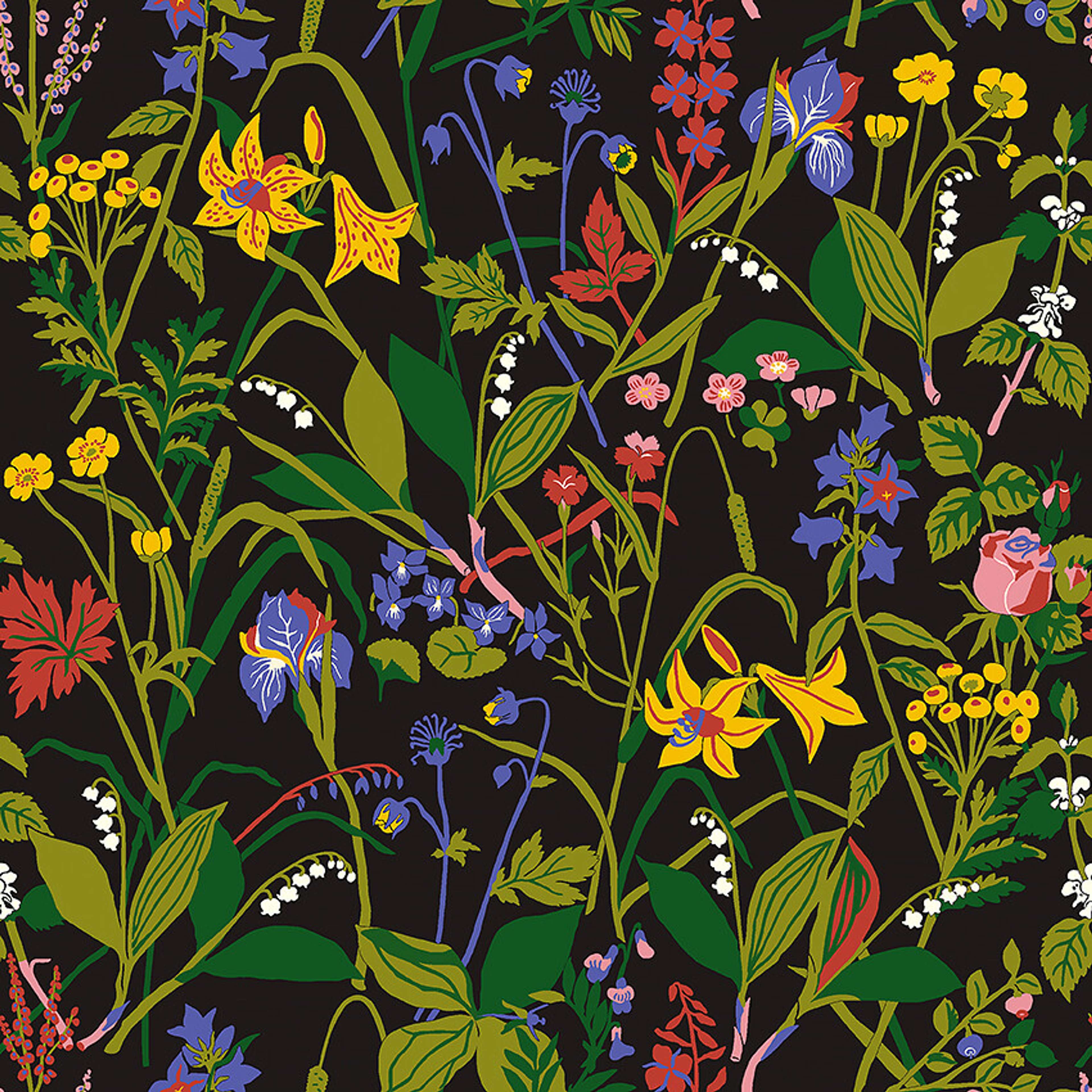 Gocken Jobs Ros och Lilja tapet med botaniskt, blommigt, retro mönster i grön och brun. Från kollektionen Scandinavian Designers III. Nonwoven-material med rak passning. City-stil.