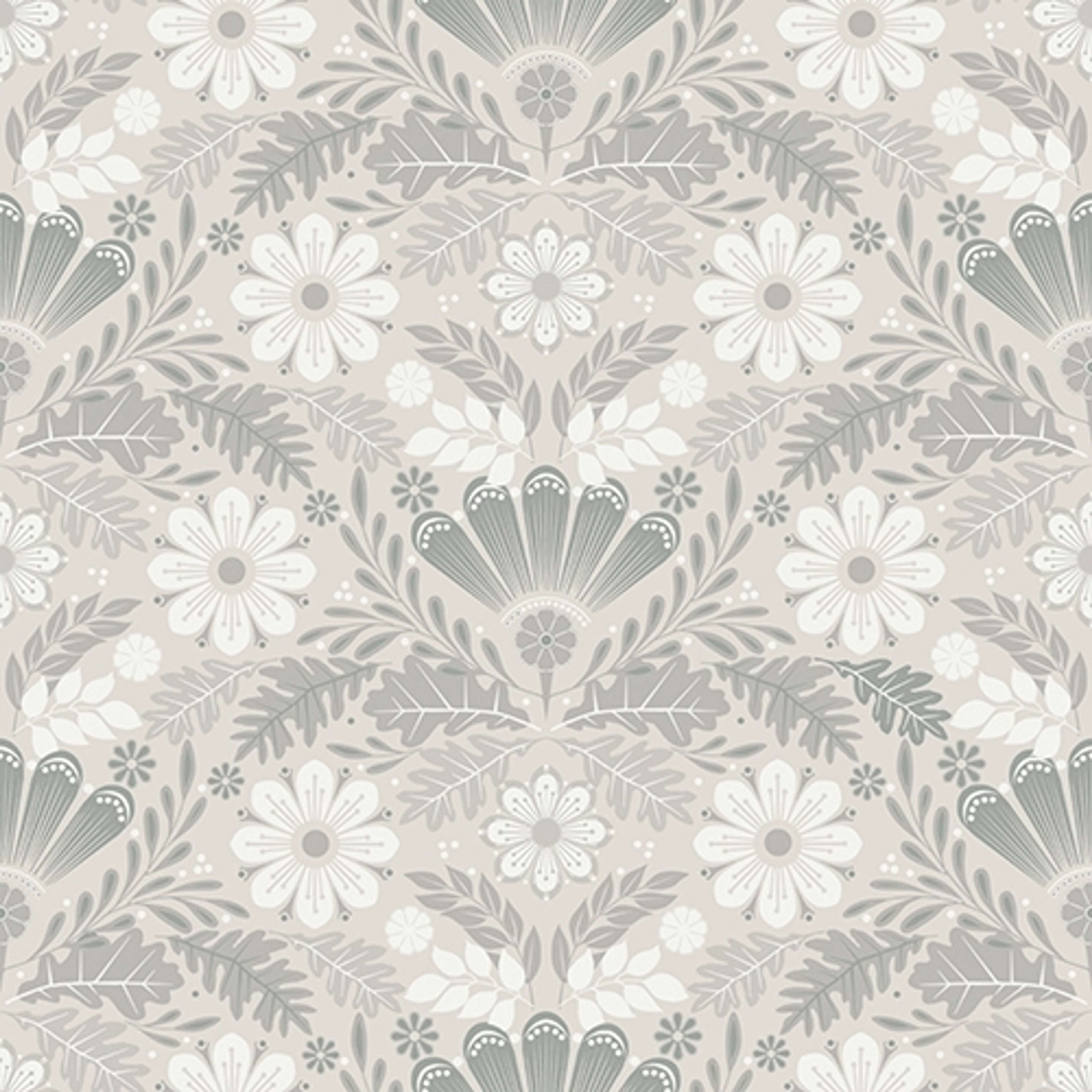 Sunnanö Klockrike, gråbeige tapet med blommigt mönster i grå. Från kollektionen Sunnanö. Nonwoven-material med rak passning.