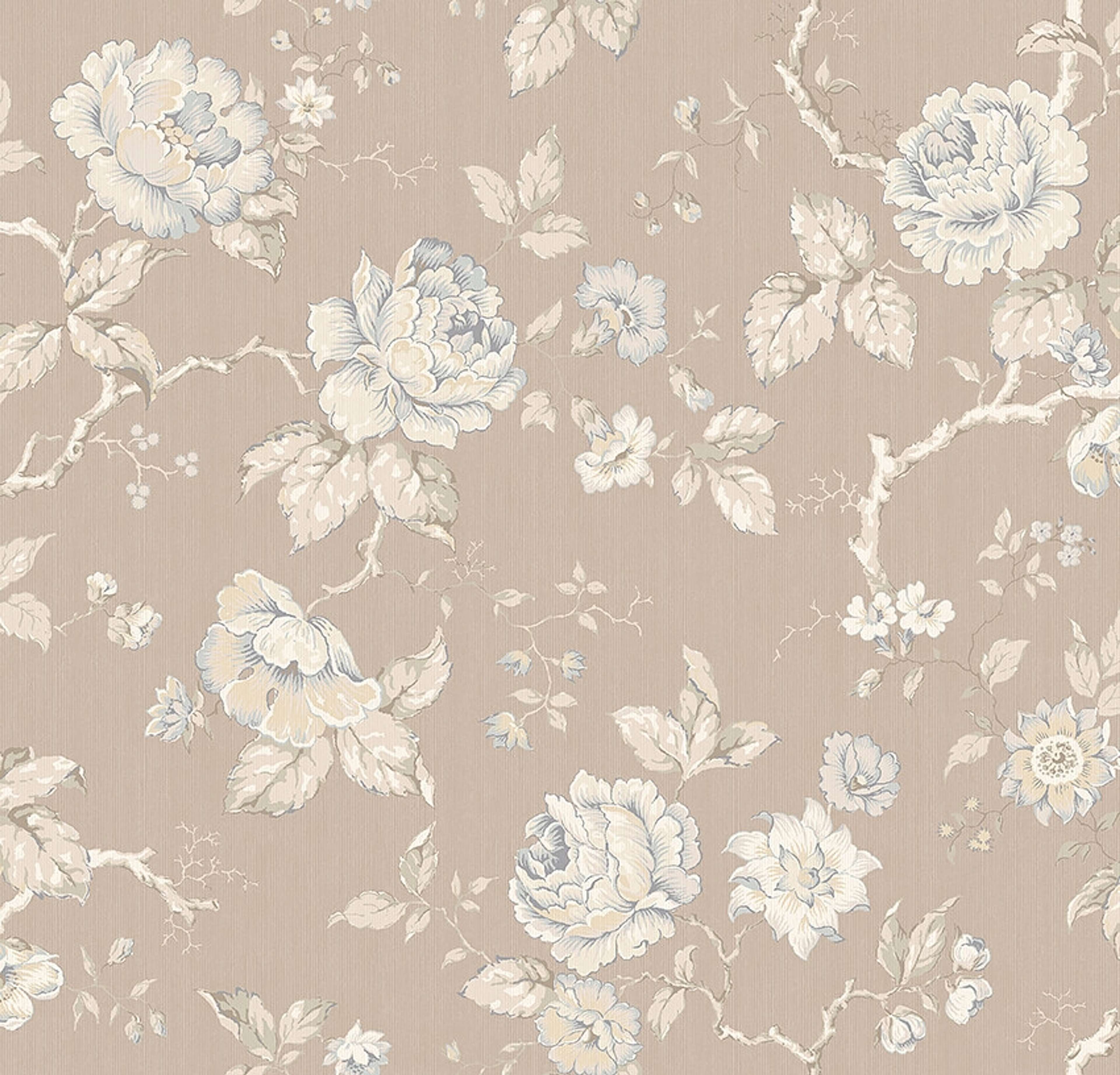 Rosenträd tapet med blommigt mönster i beige. Från kollektionen New Heritage. Nonwoven-material med förskjuten passning.