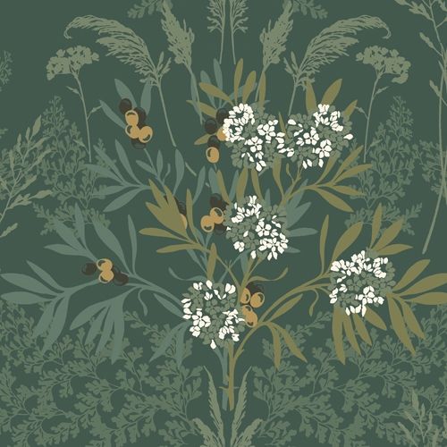 Strandäng, grön tapet tapet med blommigt mönster i grön. Från kollektionen Hav & Land. Nonwoven-material med förskjuten passning.
