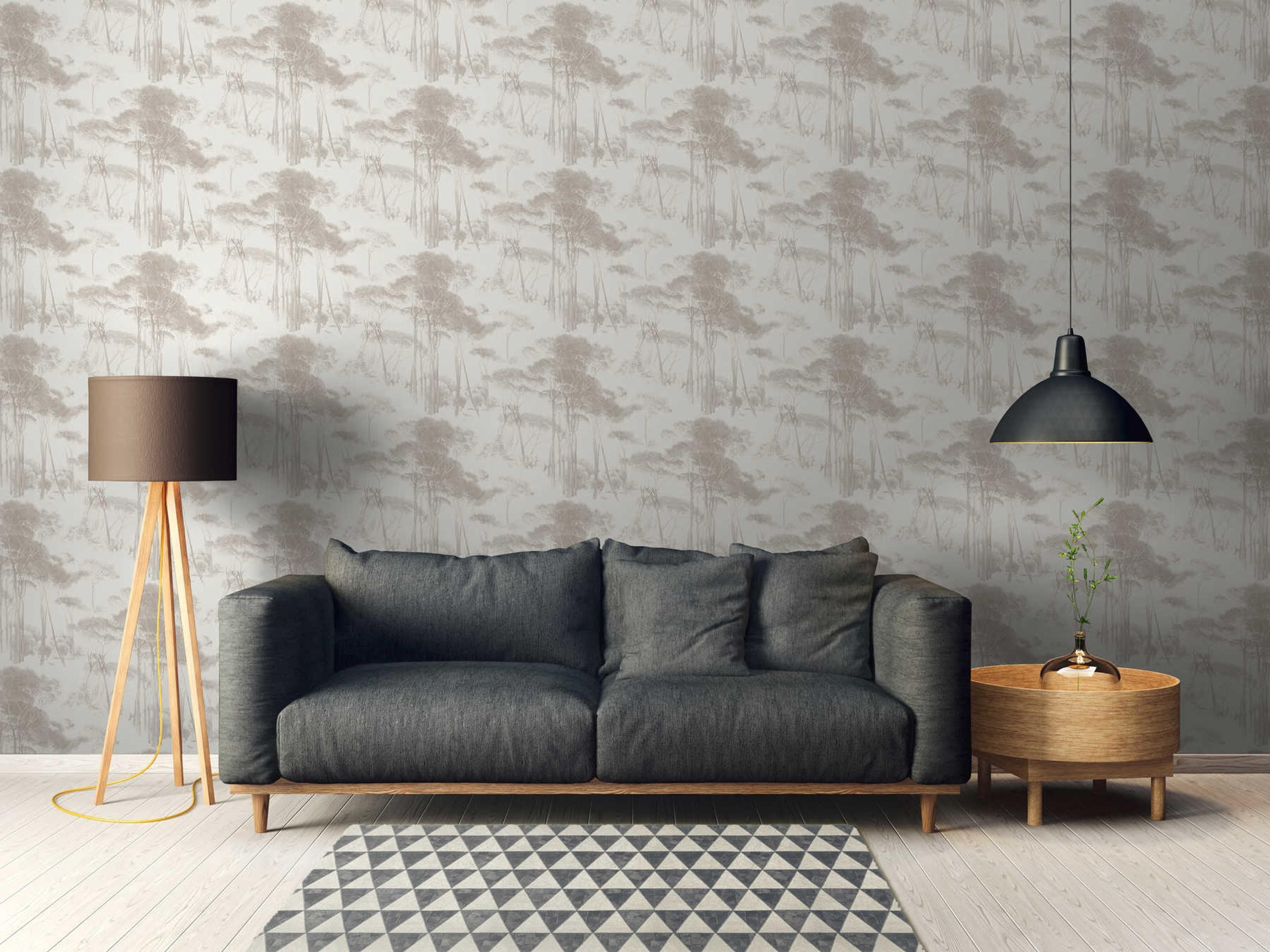 Treetops, strukturtapet i beige tapet med djur mönster i beige. Från kollektionen history of art. Nonwoven-material med förskjuten passning. Passar i vardagsrum och matsal.