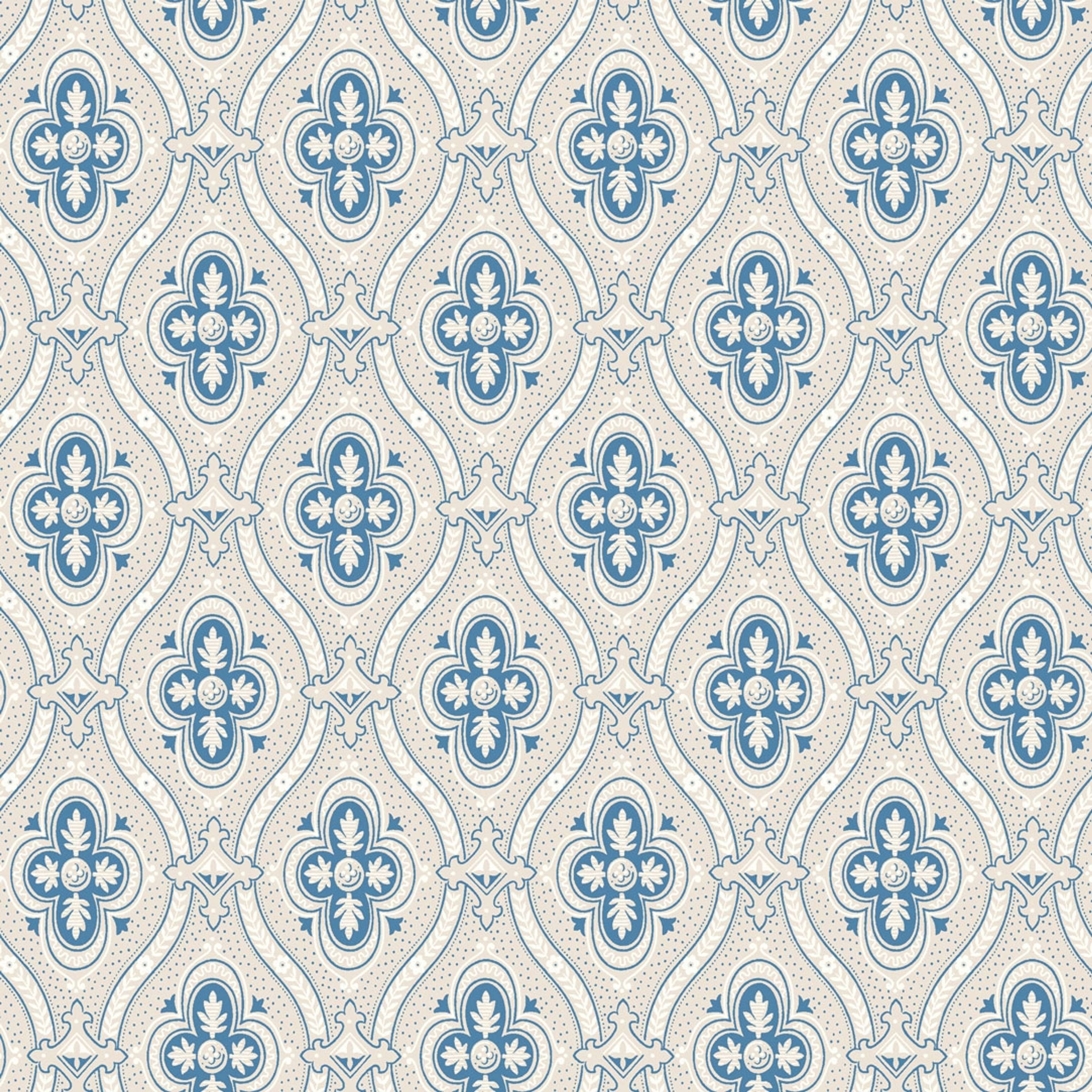 Pigkammaren tapet från Boråstapeter med medaljonger mönster i blå och beige. Från kollektionen anno. Nonwoven-material med rak passning. Vintage, lyx, city-stil. Passar i sovrum och matsal.