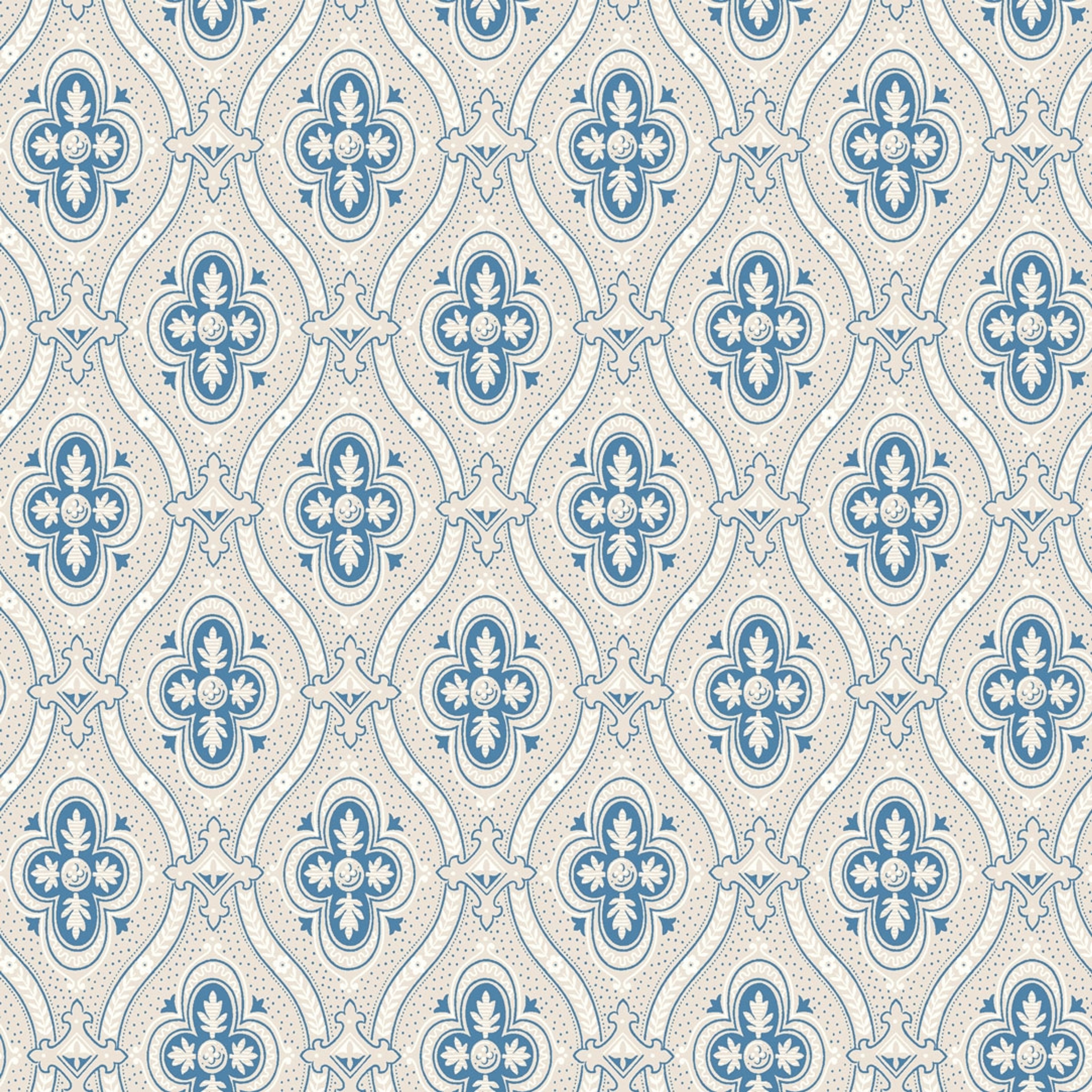 Pigkammaren tapet från Boråstapeter med medaljonger mönster i blå och beige. Från kollektionen anno. Nonwoven-material med rak passning. Vintage, lyx, city-stil. Passar i sovrum och matsal.